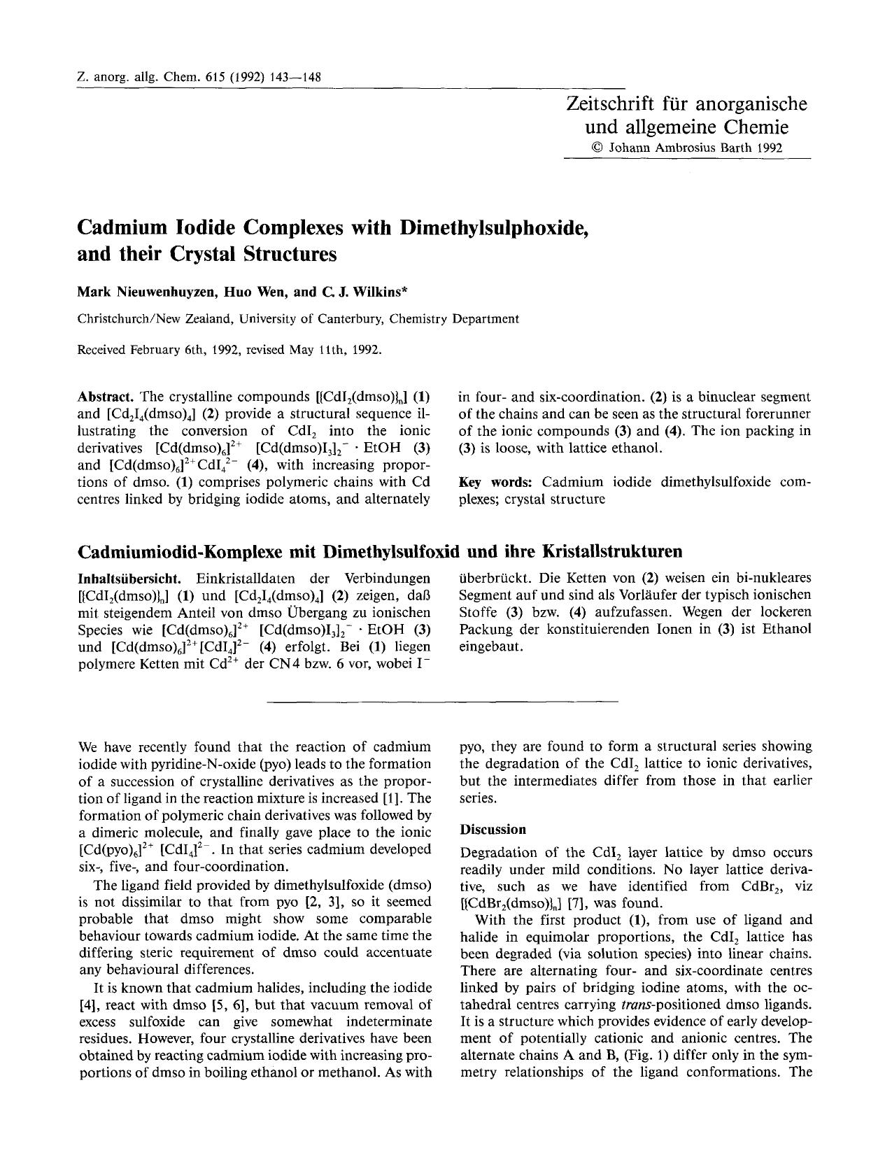Cadmium iodide complexes with dimethylsulphoxide, and their crystal structures by Unknown