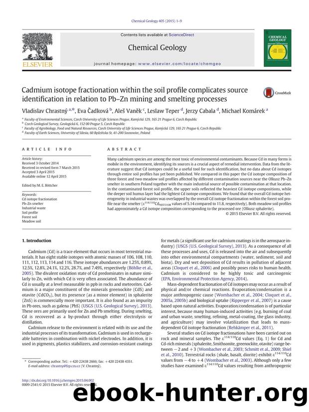 Cadmium isotope fractionation within the soil profile complicates source identification in relation to Pb-Zn mining and smelting processes by Vladislav Chrastný & Eva Čadková & Aleš Vaněk & Leslaw Teper & Jerzy Cabala & Michael Komárek