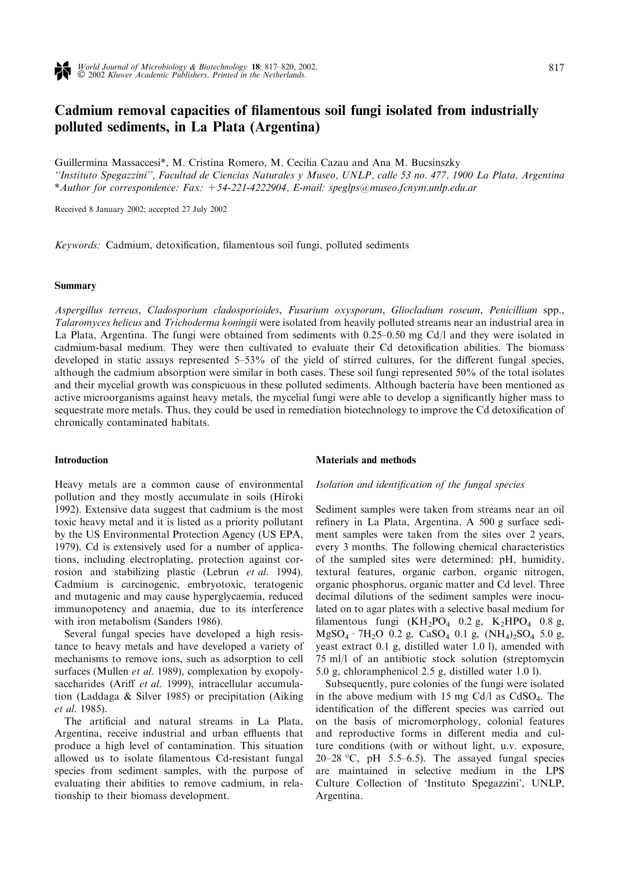 Cadmium removal capacities of filamentous soil fungi isolated from industrially polluted sediments, in La Plata (Argentina) by Unknown