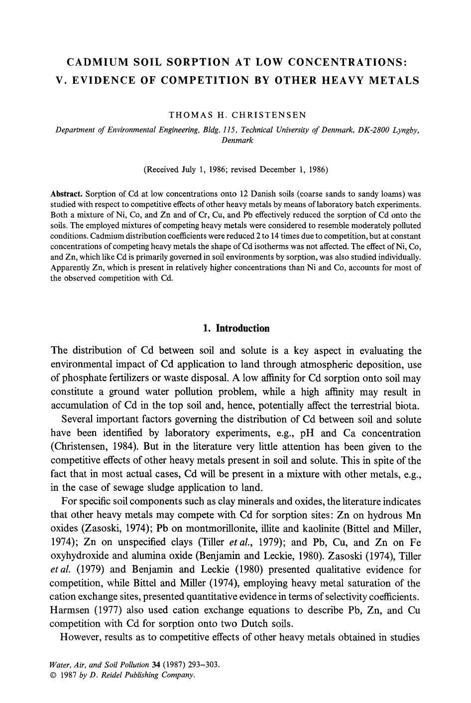 Cadmium soil sorption at low concentrations: V. Evidence of competition by other heavy metals by Unknown