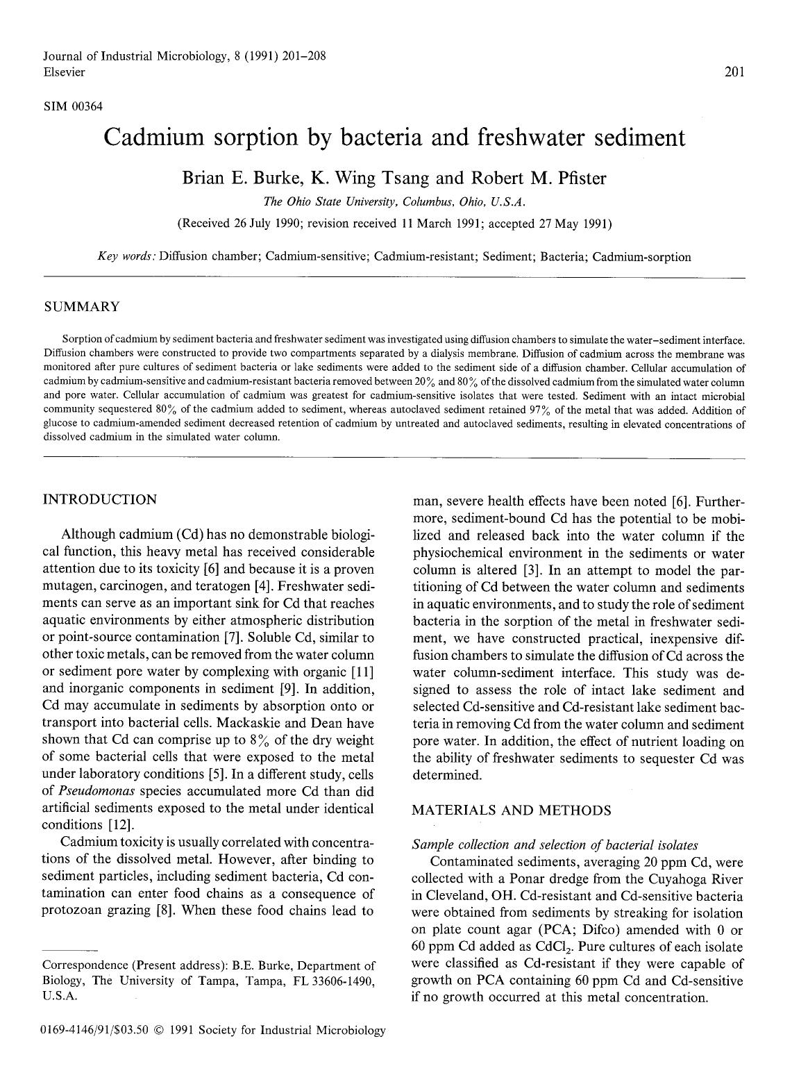 Cadmium sorption by bacteria and freshwater sediment by Unknown