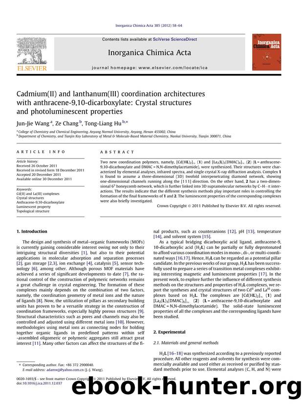 Cadmium(II) and lanthanum(III) coordination architectures with anthracene-9,10-dicarboxylate: Crystal structures and photoluminescent properties by Jun-Jie Wang & Ze Chang & Tong-Liang Hu