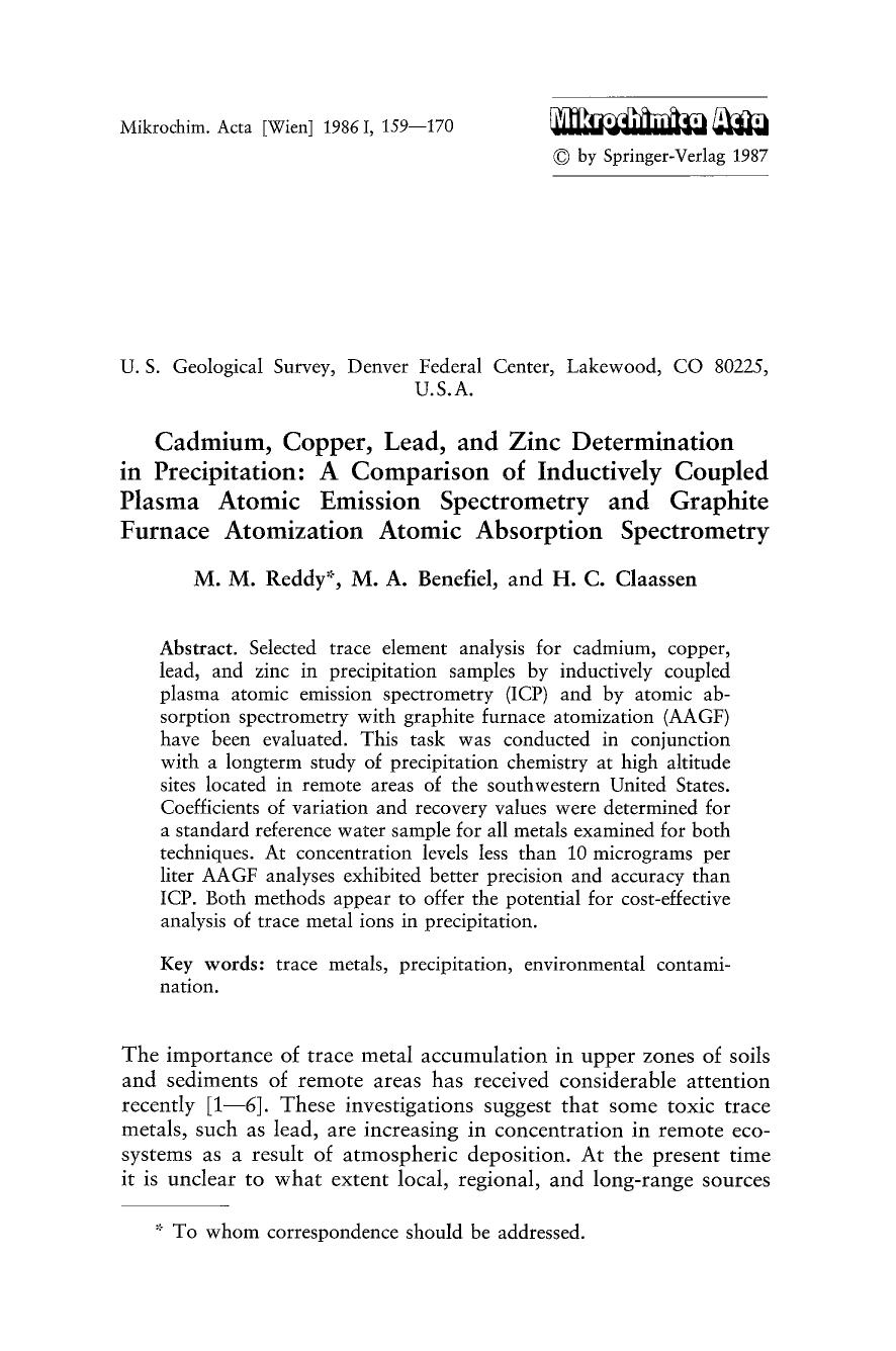 Cadmium, copper, lead, and zinc determination in precipitation: A comparison of inductively coupled plasma atomic emission spectrometry and graphite furnace atomization atomic absorption spectrometry by Unknown