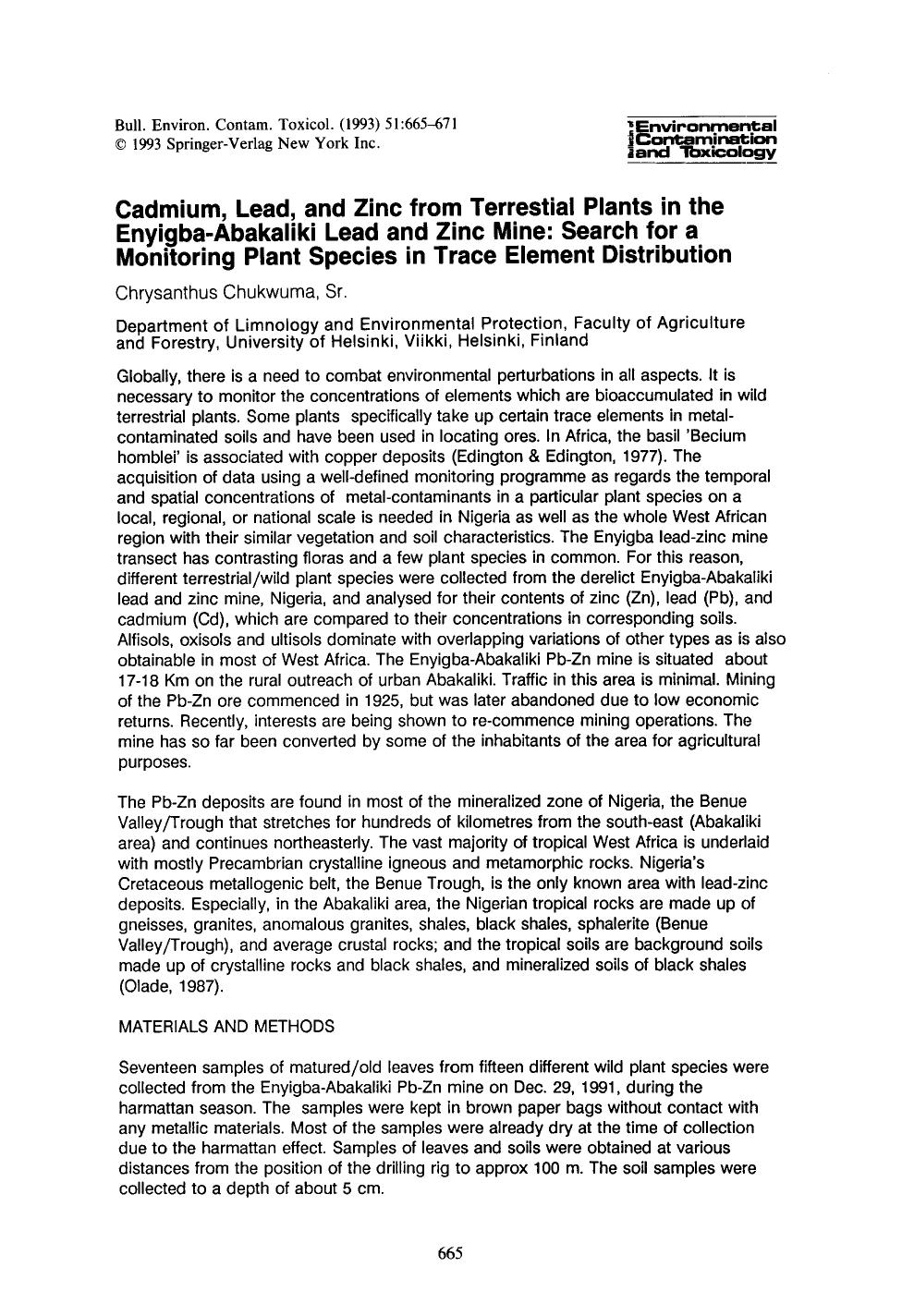 Cadmium, lead, and zinc from terrestial plants in the Enyigba-Abakaliki lead and zinc mine: Search for a monitoring plant species in trace element distribution by Unknown