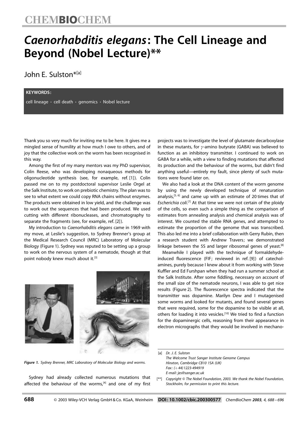 Caenorhabditis elegans: The Cell Lineage and Beyond (Nobel Lecture) by Unknown
