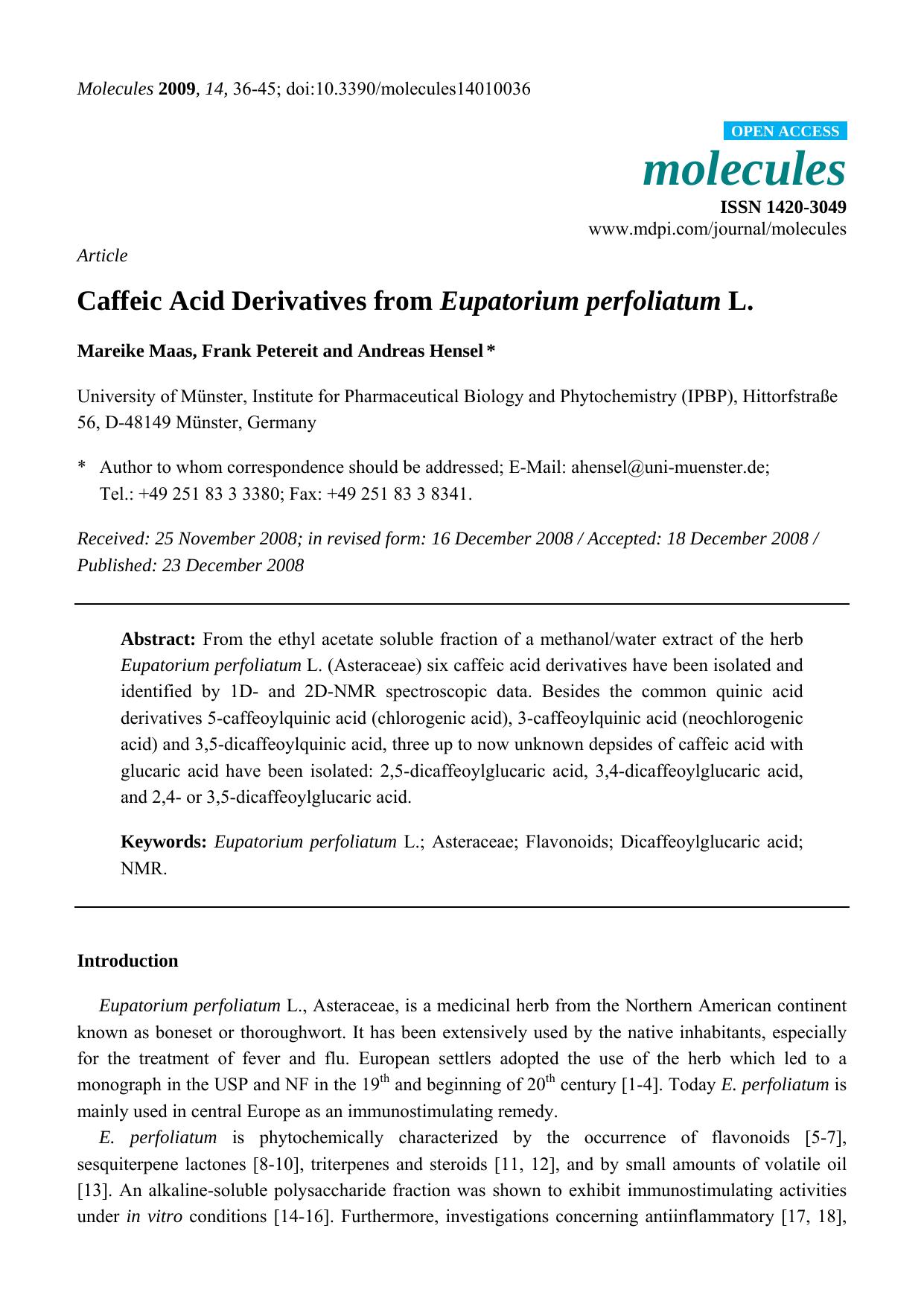 Caffeic Acid Derivatives from Eupatorium perfoliatum L. by Mareike Maas & Frank Petereit & Andreas Hensel