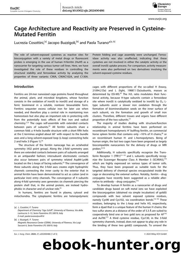 Cage Architecture and Reactivity are Preserved in CysteineâMutated Ferritin by Unknown