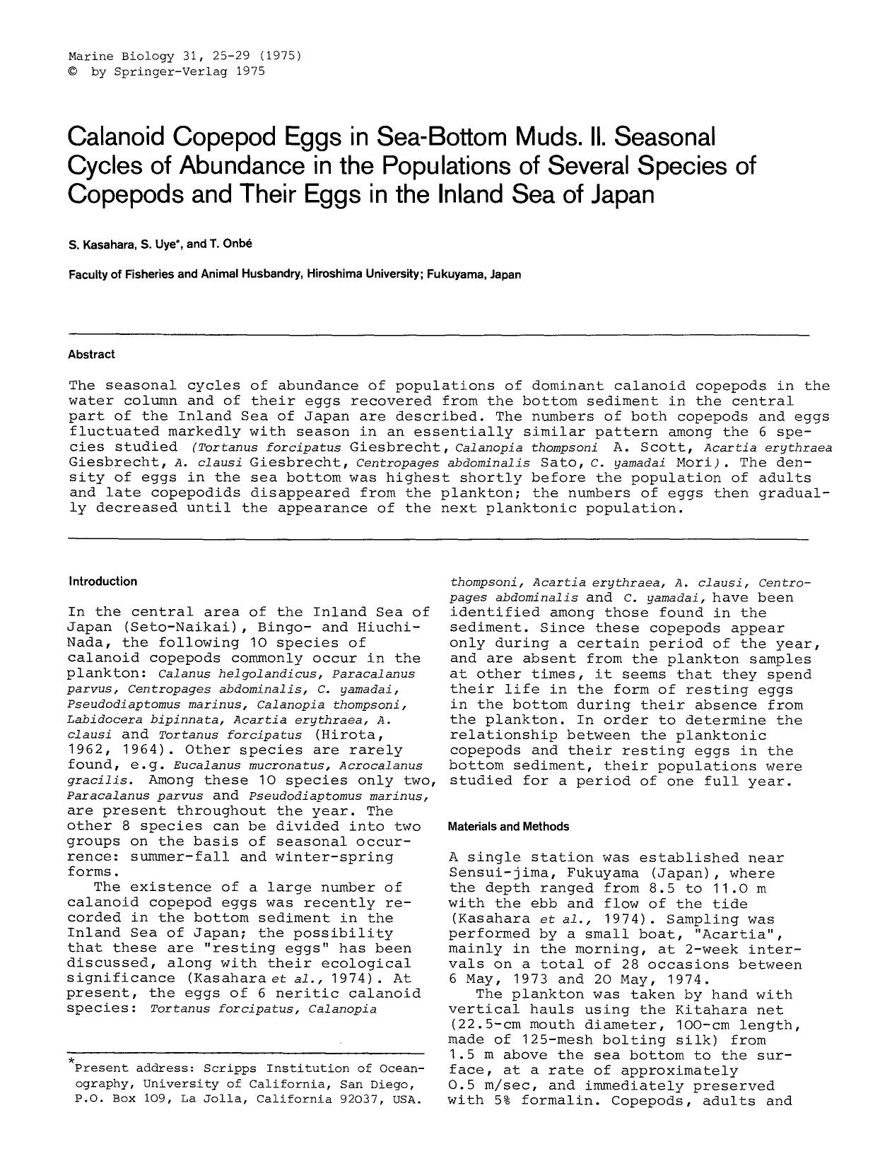 Calanoid copepod eggs in sea-bottom muds. II. Seasonal cycles of abundance in the populations of several species of copepods and their eggs in the Inland Sea of Japan by Unknown