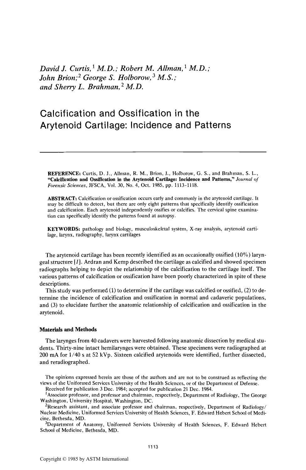 Calcification and Ossification in the Arytenoid Cartilage: Incidence and Patterns by Curtis DJ Allman RM Brion J Holborow GS Brahman SL