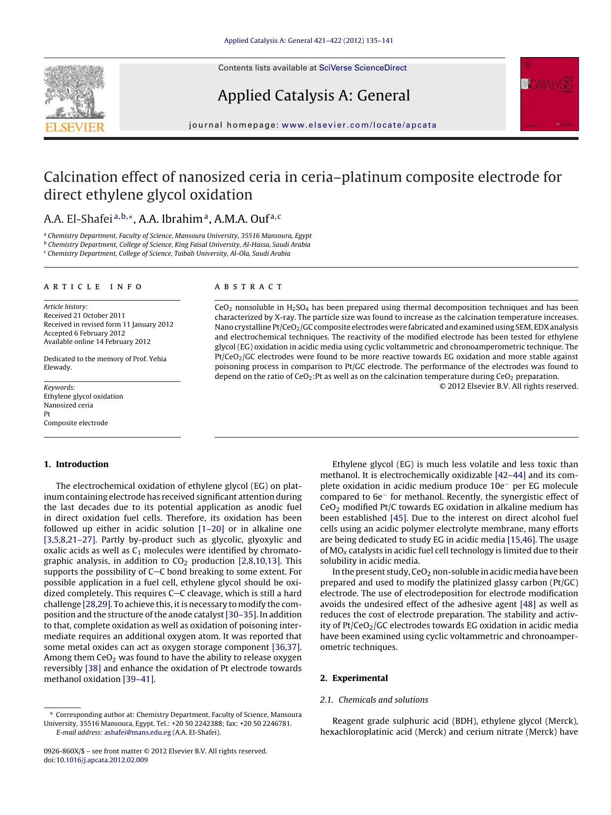 Calcination effect of nanosized ceria in ceriaâplatinum composite electrode for direct ethylene glycol oxidation by A.A. El-Shafei & A.A. Ibrahim & A.M.A. Ouf