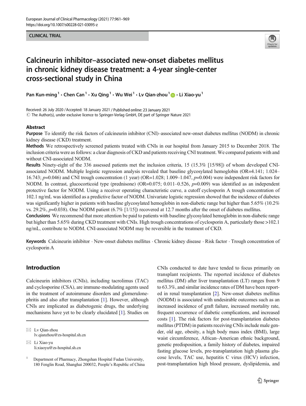 Calcineurin inhibitorâassociated new-onset diabetes mellitus in chronic kidney disease treatment: a 4-year single-center cross-sectional study in China by Pan Kun-ming & Chen Can & Xu Qing & Wu Wei & Lv Qian-zhou & Li Xiao-yu