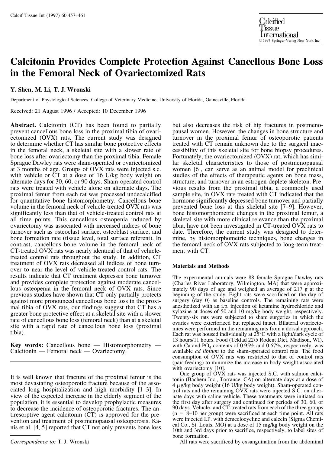 Calcitonin Provides Complete Protection Against Cancellous Bone Loss in the Femoral Neck of Ovariectomized Rats by Shen Y. et al