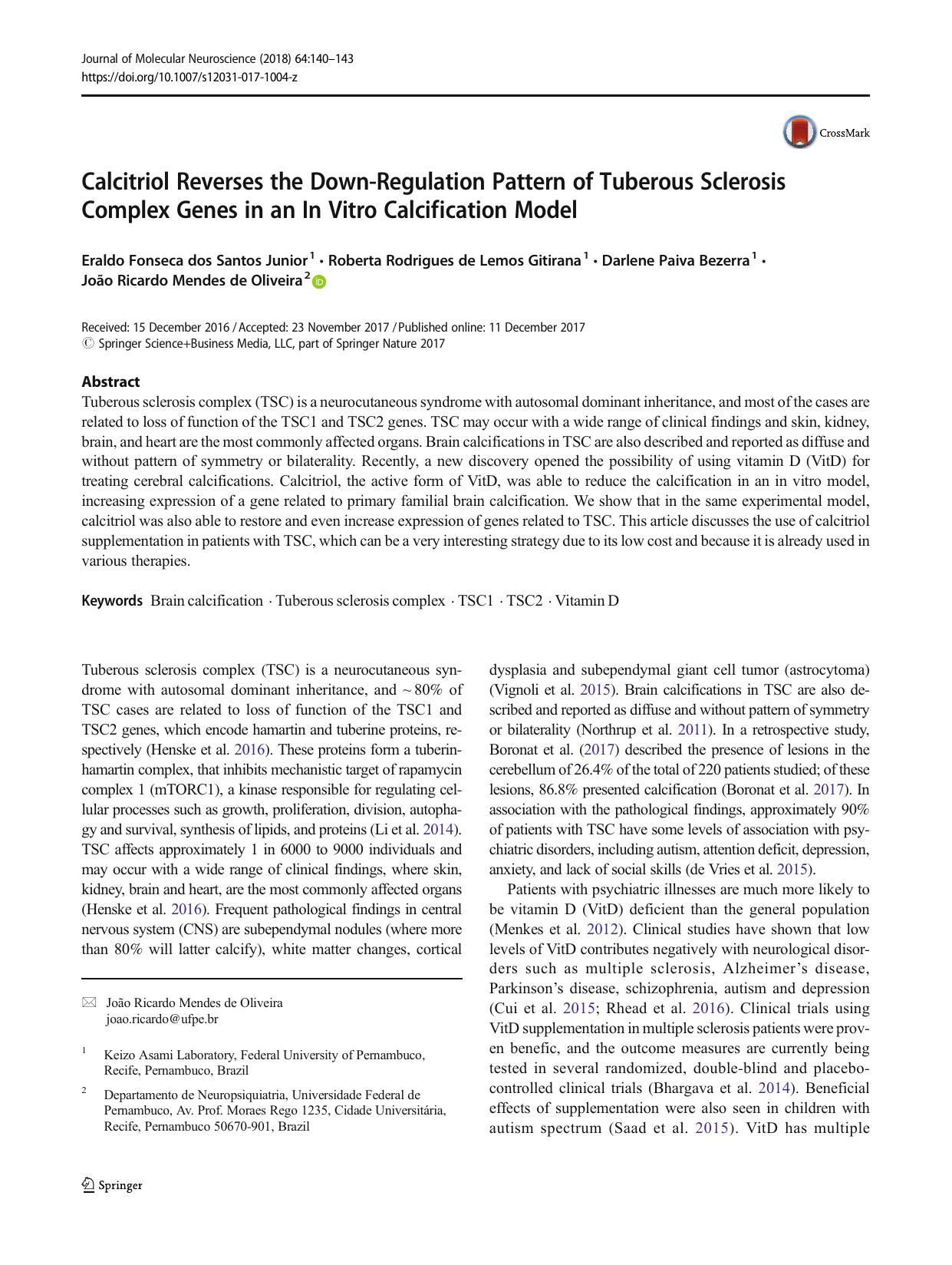 Calcitriol Reverses the Down-Regulation Pattern of Tuberous Sclerosis Complex Genes in an In Vitro Calcification Model by unknow