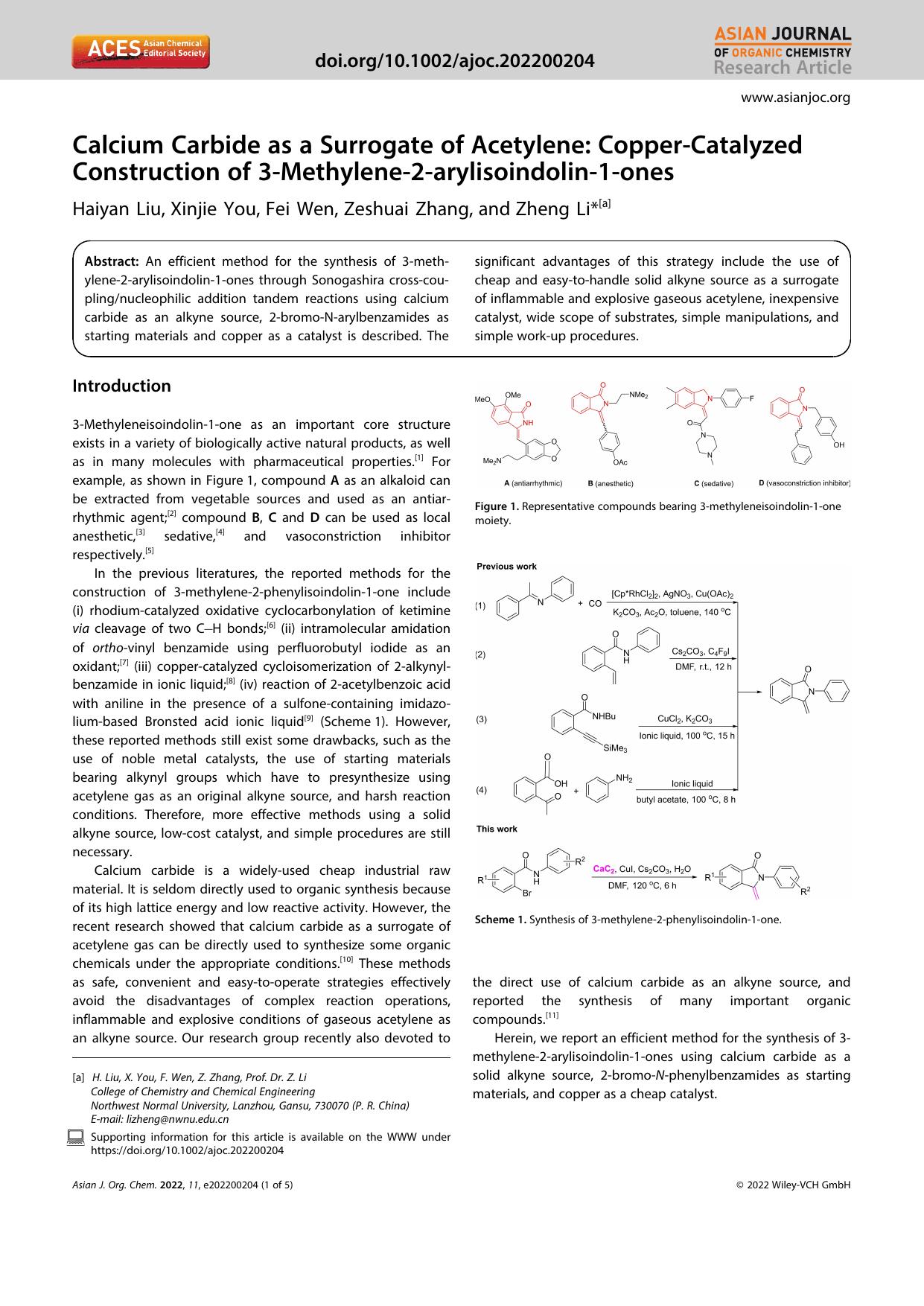 Calcium Carbide as a Surrogate of Acetylene: CopperâCatalyzed Construction of 3âMethyleneâ2âarylisoindolinâ1âones by Unknown