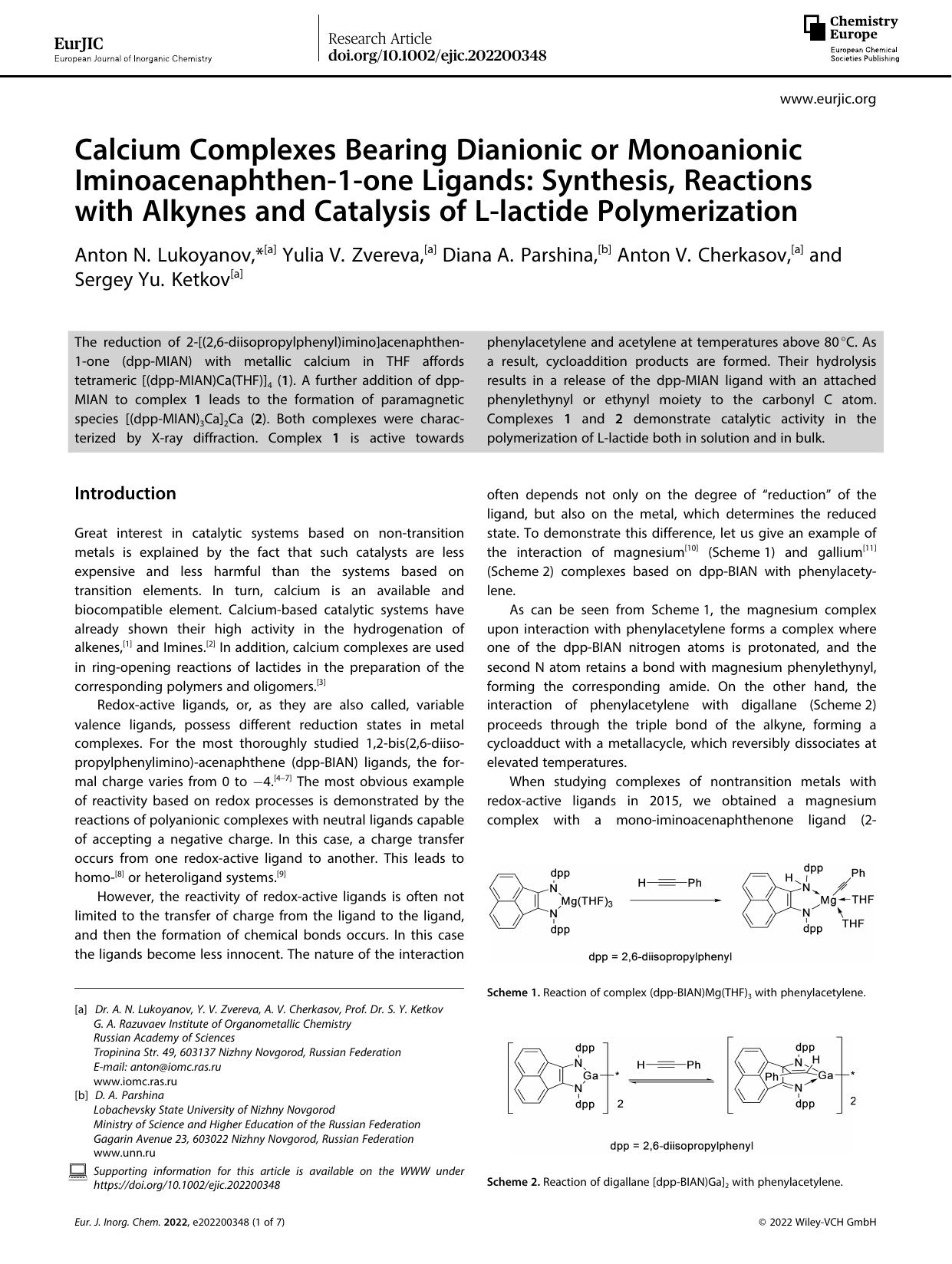 Calcium Complexes Bearing Dianionic or Monoanionic Iminoacenaphthenâ1âone Ligands: Synthesis, Reactions with Alkynes and Catalysis of Lâlactide Polymerization by Unknown