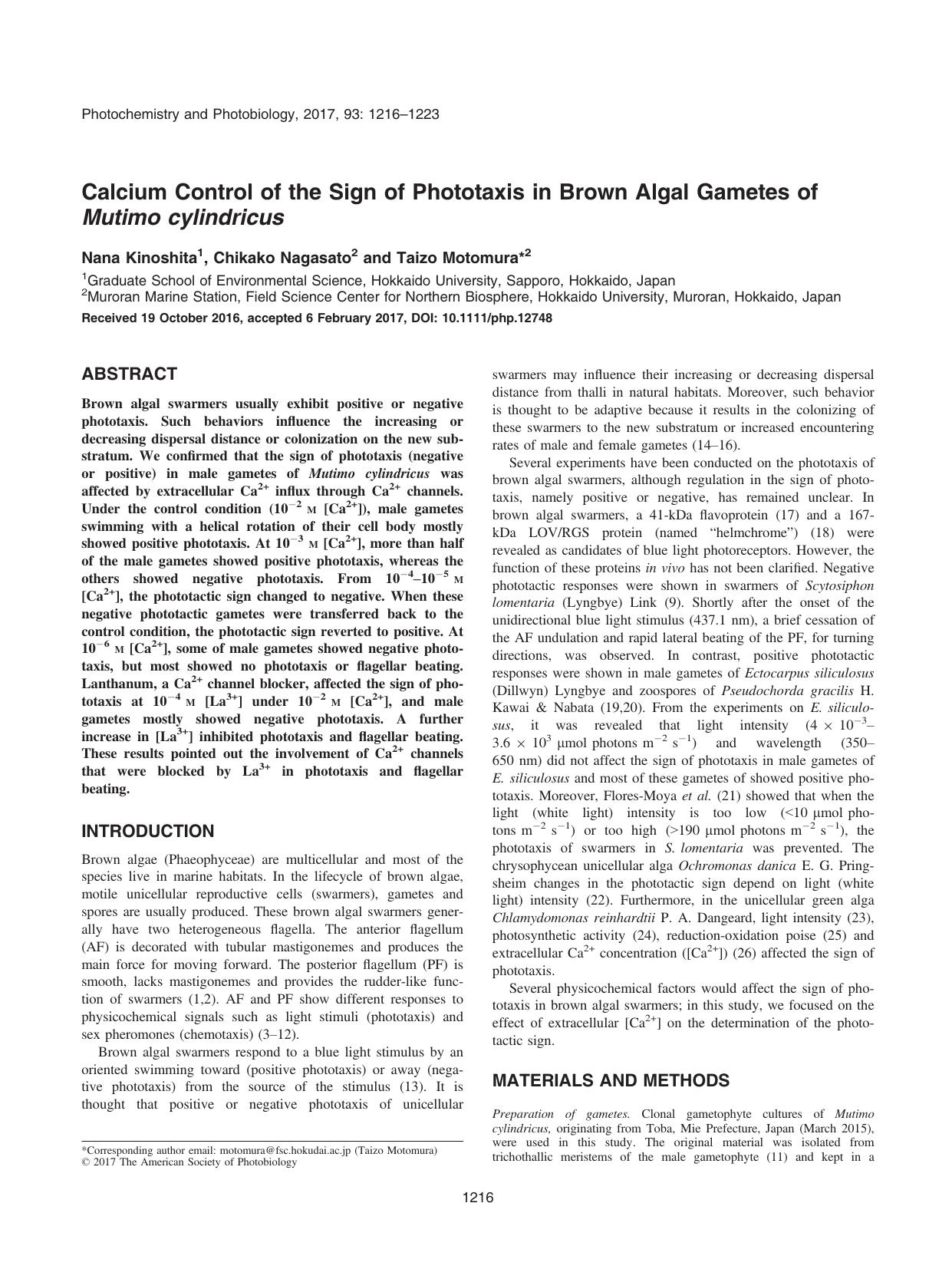 Calcium Control of the Sign of Phototaxis in Brown Algal Gametes of Mutimo cylindricus by Unknown