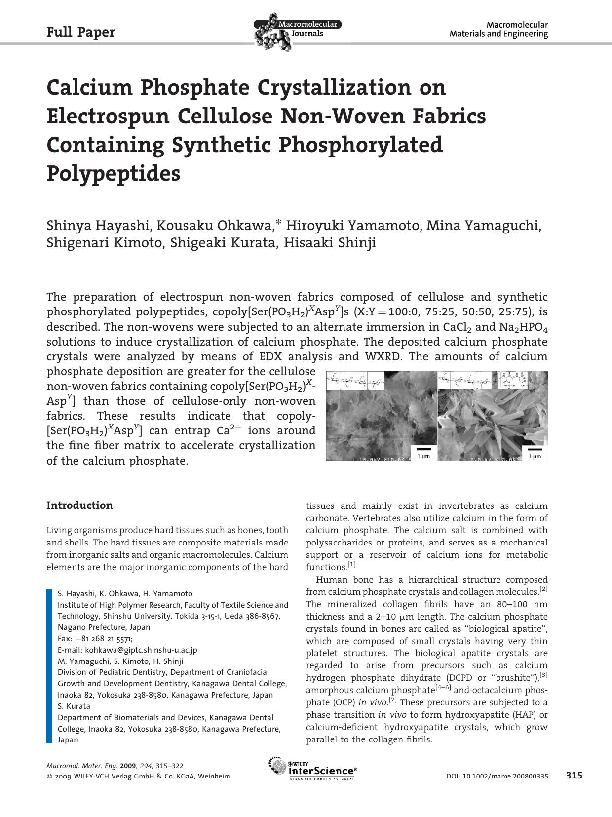 Calcium Phosphate Crystallization on Electrospun Cellulose Non-Woven Fabrics Containing Synthetic Phosphorylated Polypeptides by Unknown