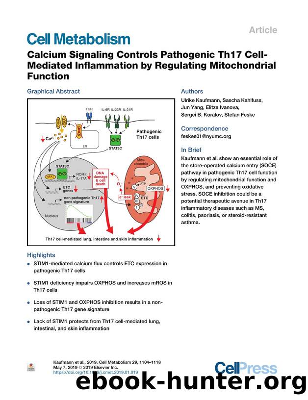 Calcium Signaling Controls Pathogenic Th17 Cell-Mediated Inflammation by Regulating Mitochondrial Function by Ulrike Kaufmann & Sascha Kahlfuss & Jun Yang & Elitza Ivanova & Sergei B. Koralov & Stefan Feske