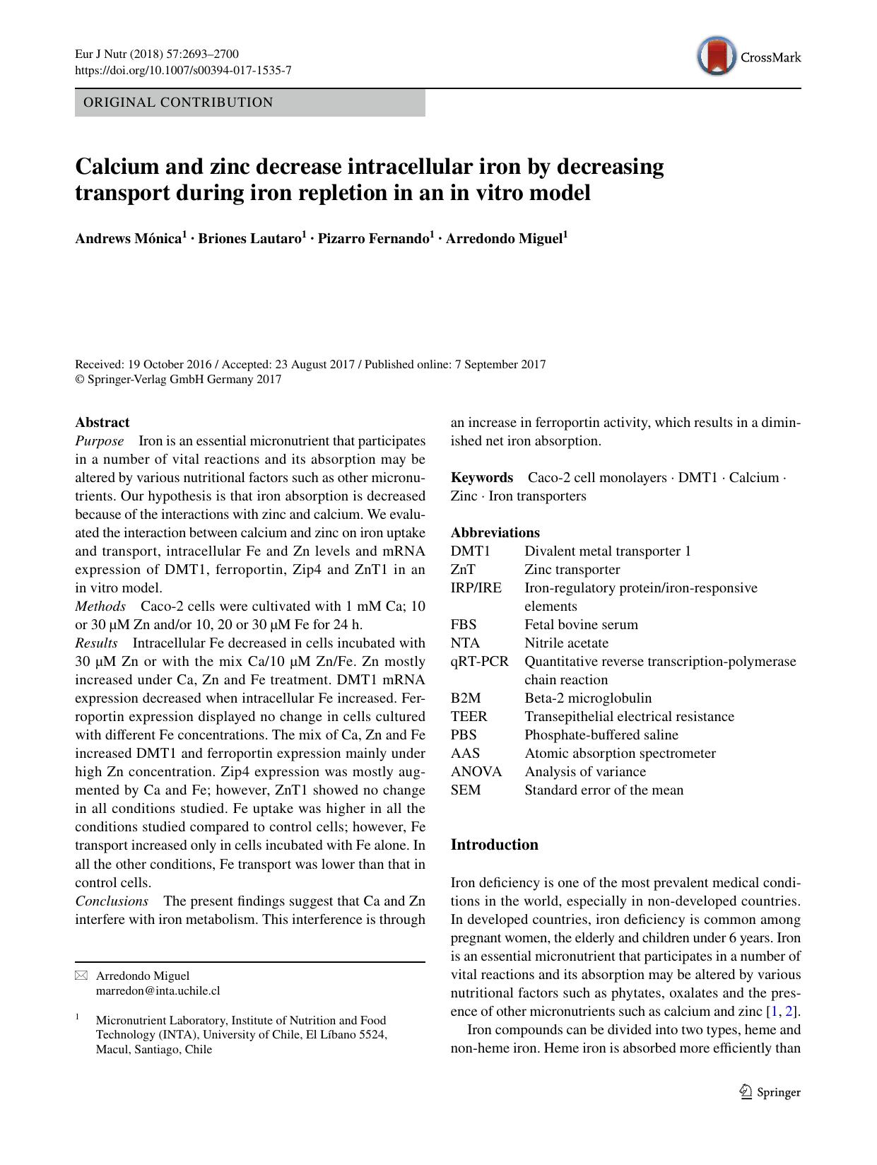 Calcium and zinc decrease intracellular iron by decreasing transport during iron repletion in an in vitro model by Andrews Mónica & Briones Lautaro & Pizarro Fernando & Arredondo Miguel
