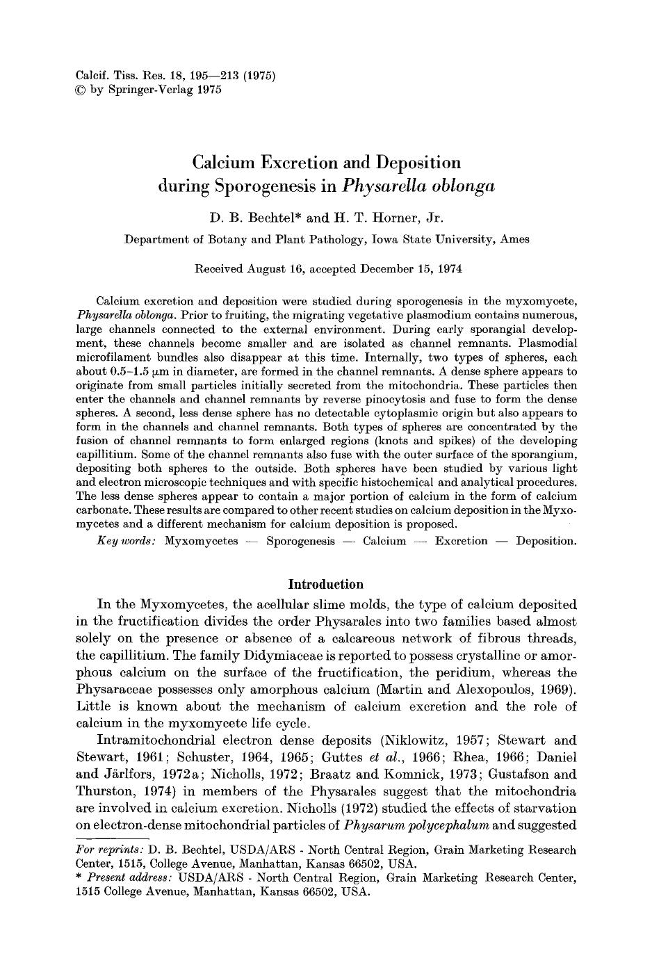 Calcium excretion and deposition during sporogenesis in <Emphasis Type="Italic">Physarella oblonga <Emphasis> by Unknown