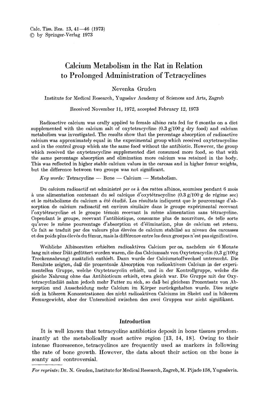 Calcium metabolism in the rat in relation to prolonged administration of tetracyclines by Unknown