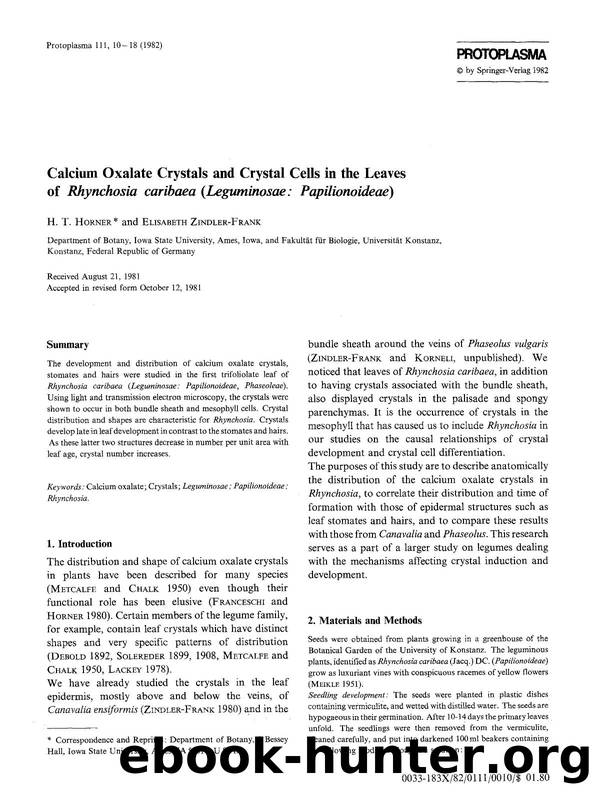 Calcium oxalate crystals and crystal cells in the leaves of <Emphasis Type="Italic">Rhynchosia caribaea (Leguminosae: Papilionoideae) <Emphasis> by Unknown