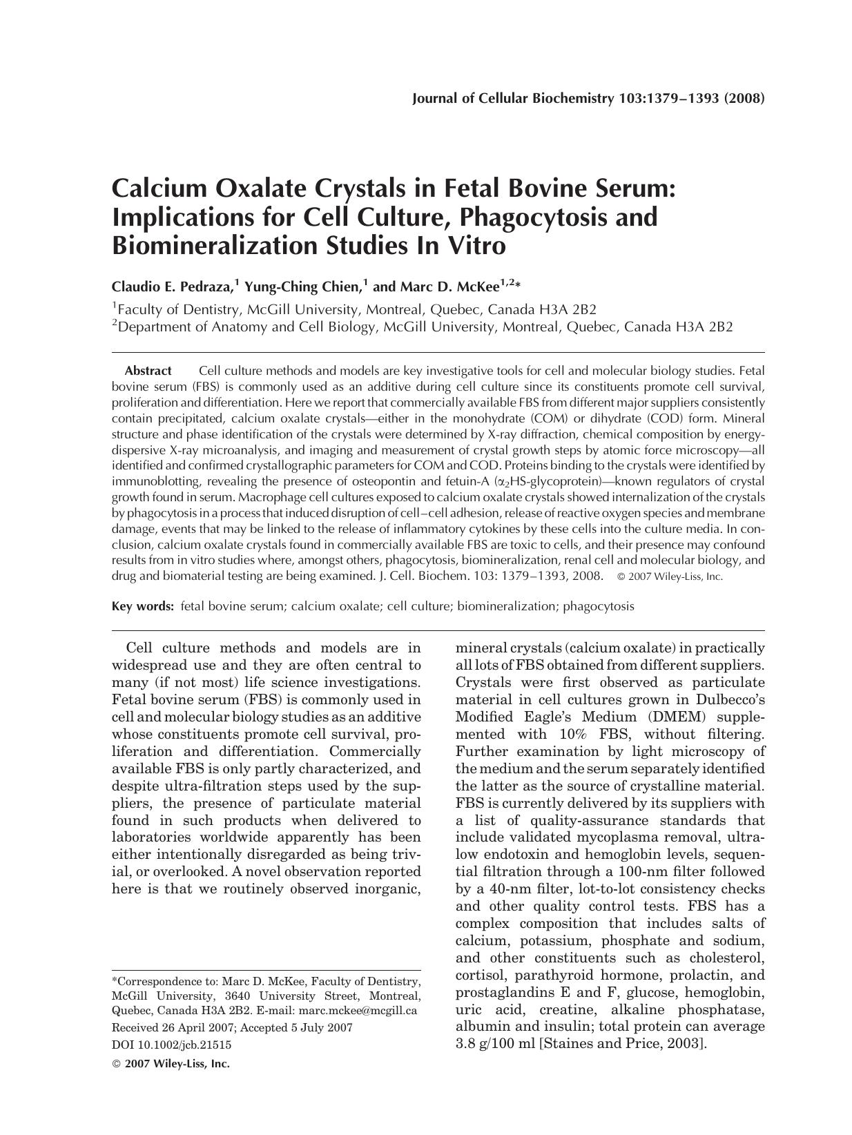 Calcium oxalate crystals in fetal bovine serum: Implications for cell culture, phagocytosis and biomineralization studies in vitro by Unknown