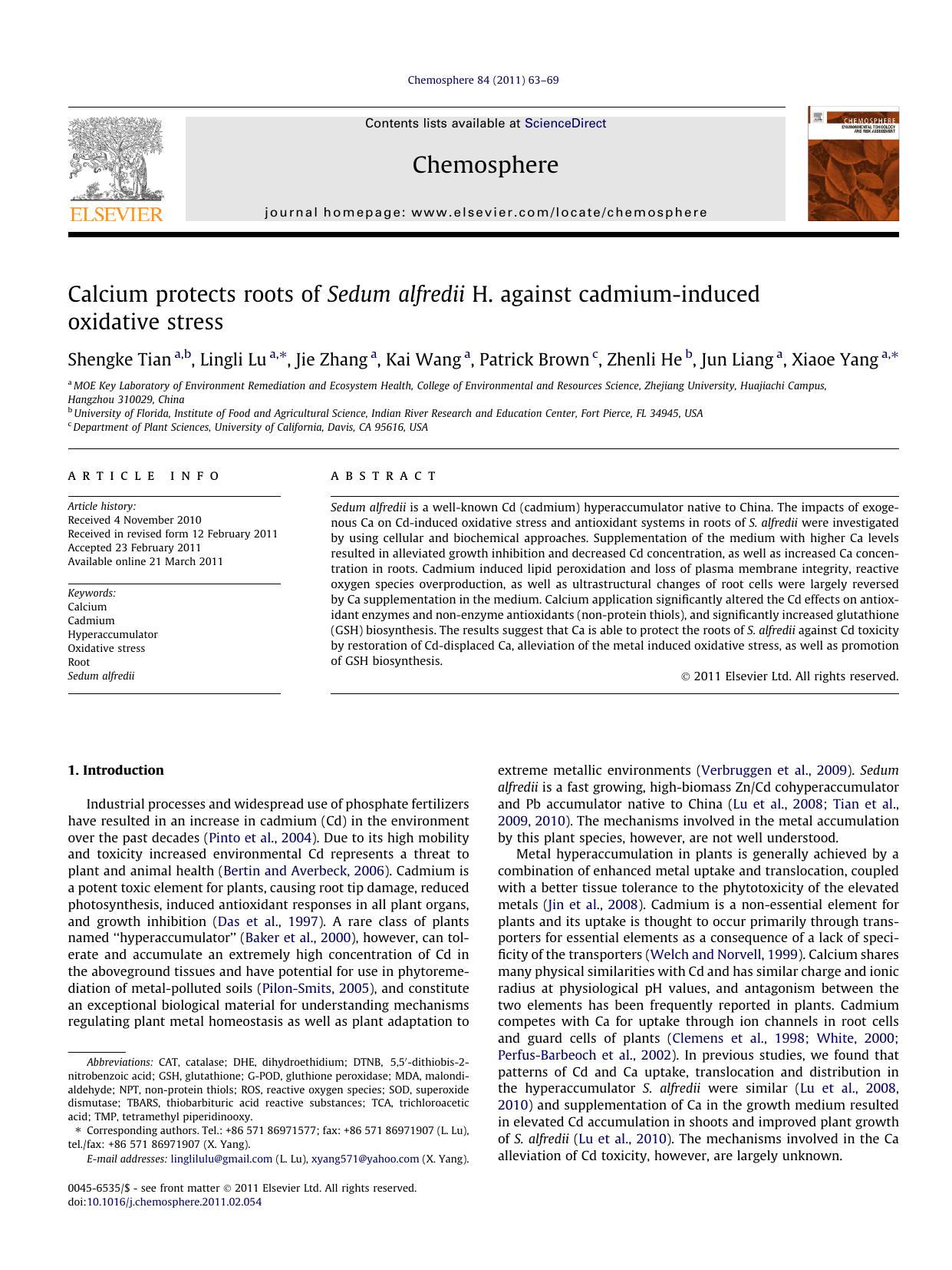 Calcium protects roots of Sedum alfredii H. against cadmium-induced oxidative stress by Shengke Tian & Lingli Lu & Jie Zhang & Kai Wang & Patrick Brown & Zhenli He & Jun Liang & Xiaoe Yang