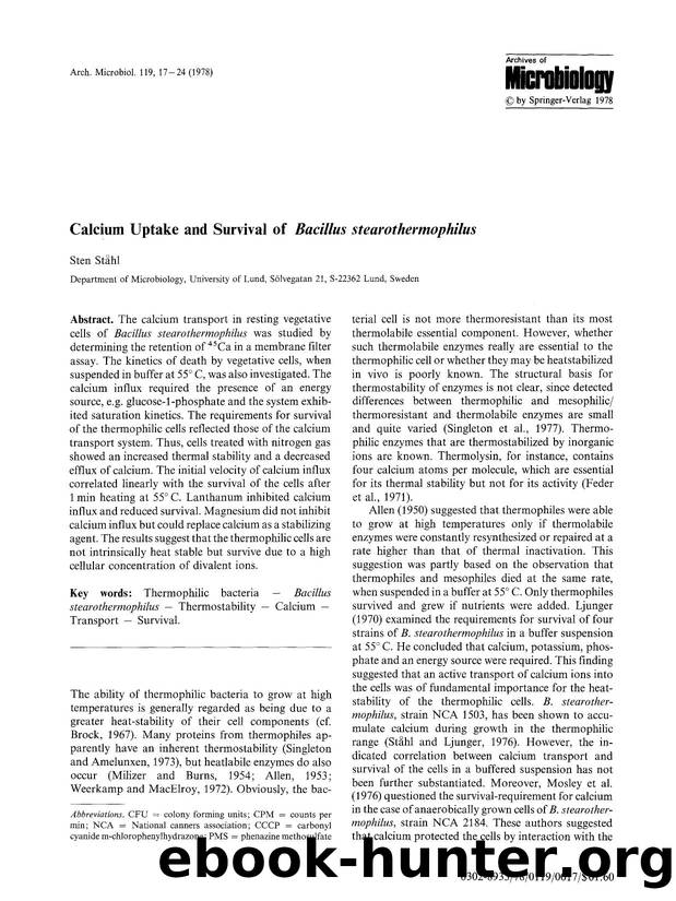 Calcium uptake and survival of <Emphasis Type="Italic">Bacillus stearothermophilus<Emphasis> by Unknown