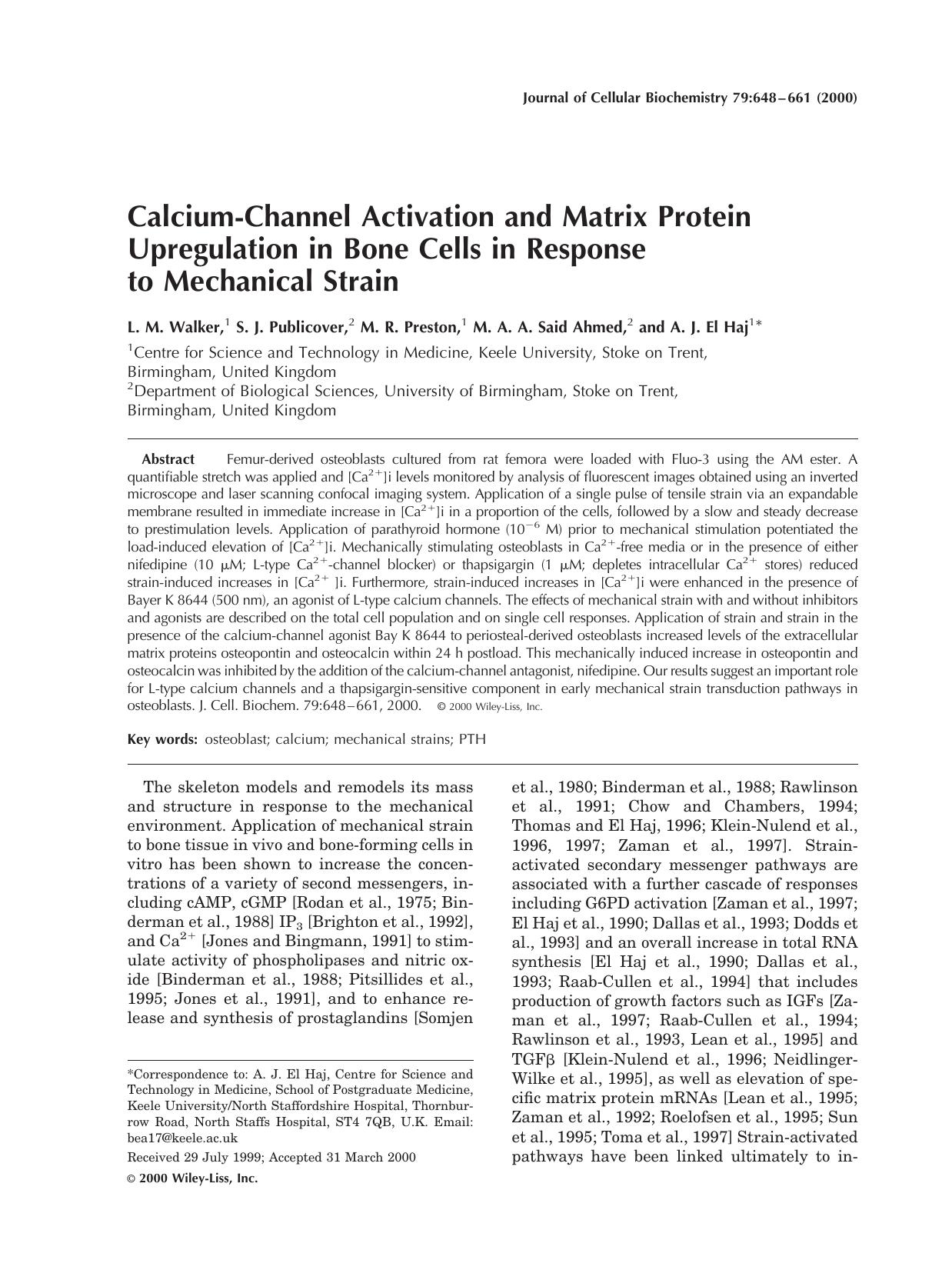 Calcium-channel activation and matrix protein upregulation in bone cells in response to mechanical strain by Unknown