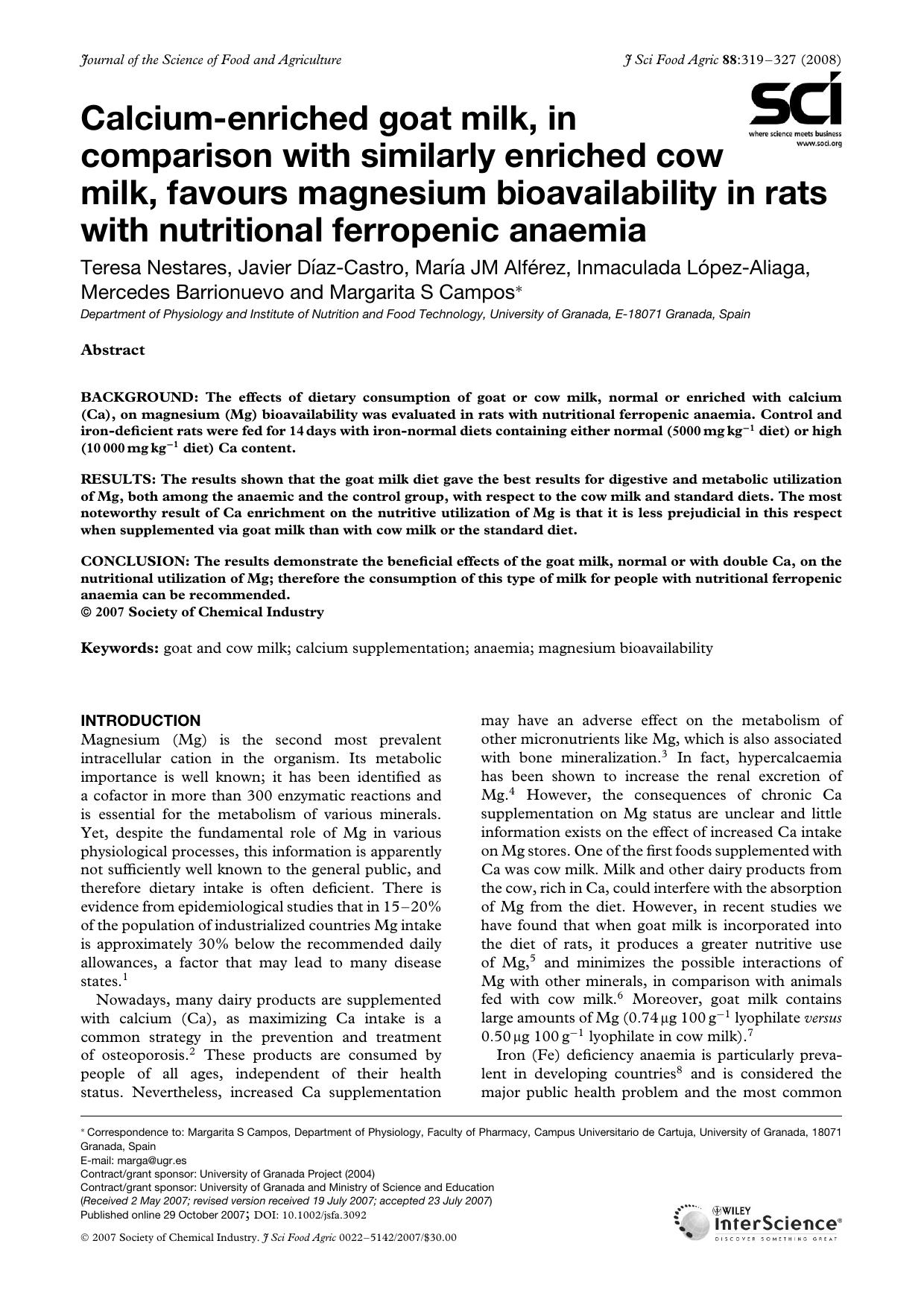 Calcium-enriched goat milk, in comparison with similarly enriched cow milk, favours magnesium bioavailability in rats with nutritional ferropenic anaemia by Unknown