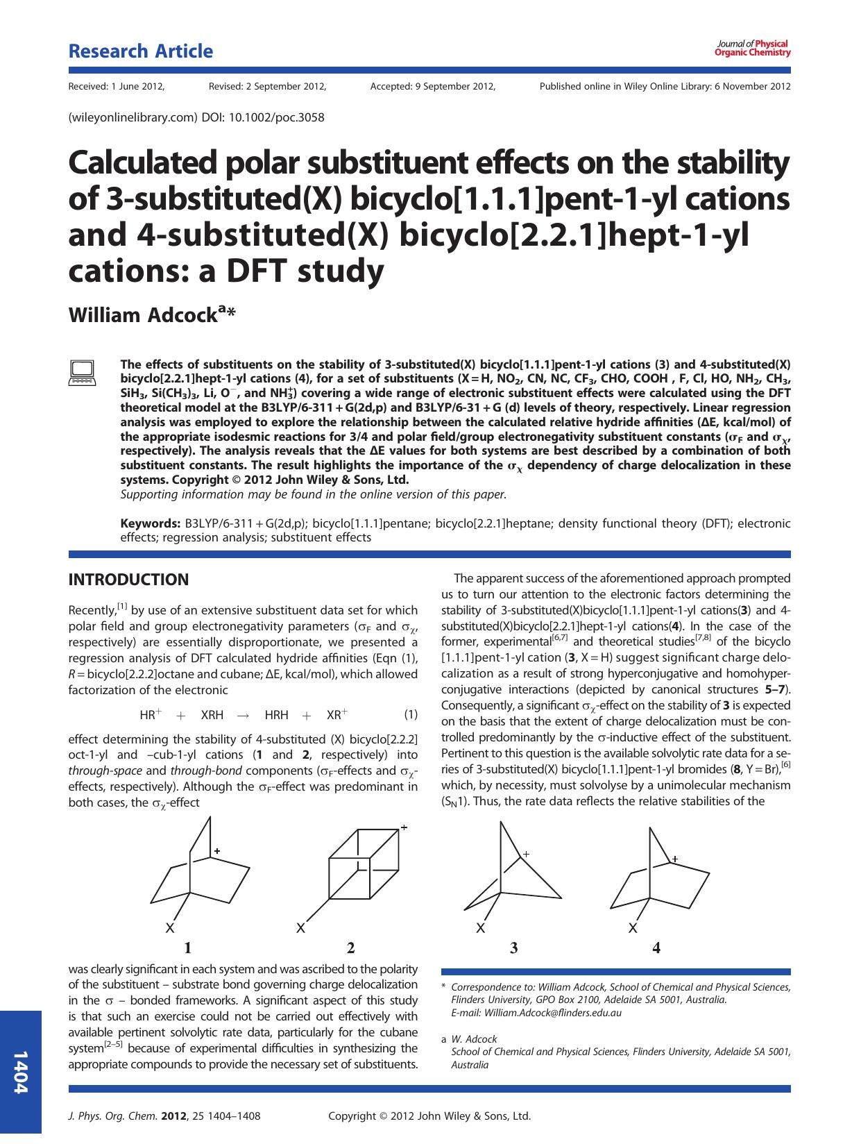 Calculated polar substituent effects on the stability of 3-substituted(X) bicyclo[1.1.1]pent-1-yl cations and 4-substituted(X) bicyclo[2.2.1]hept-1-yl cations: a DFT study by Unknown