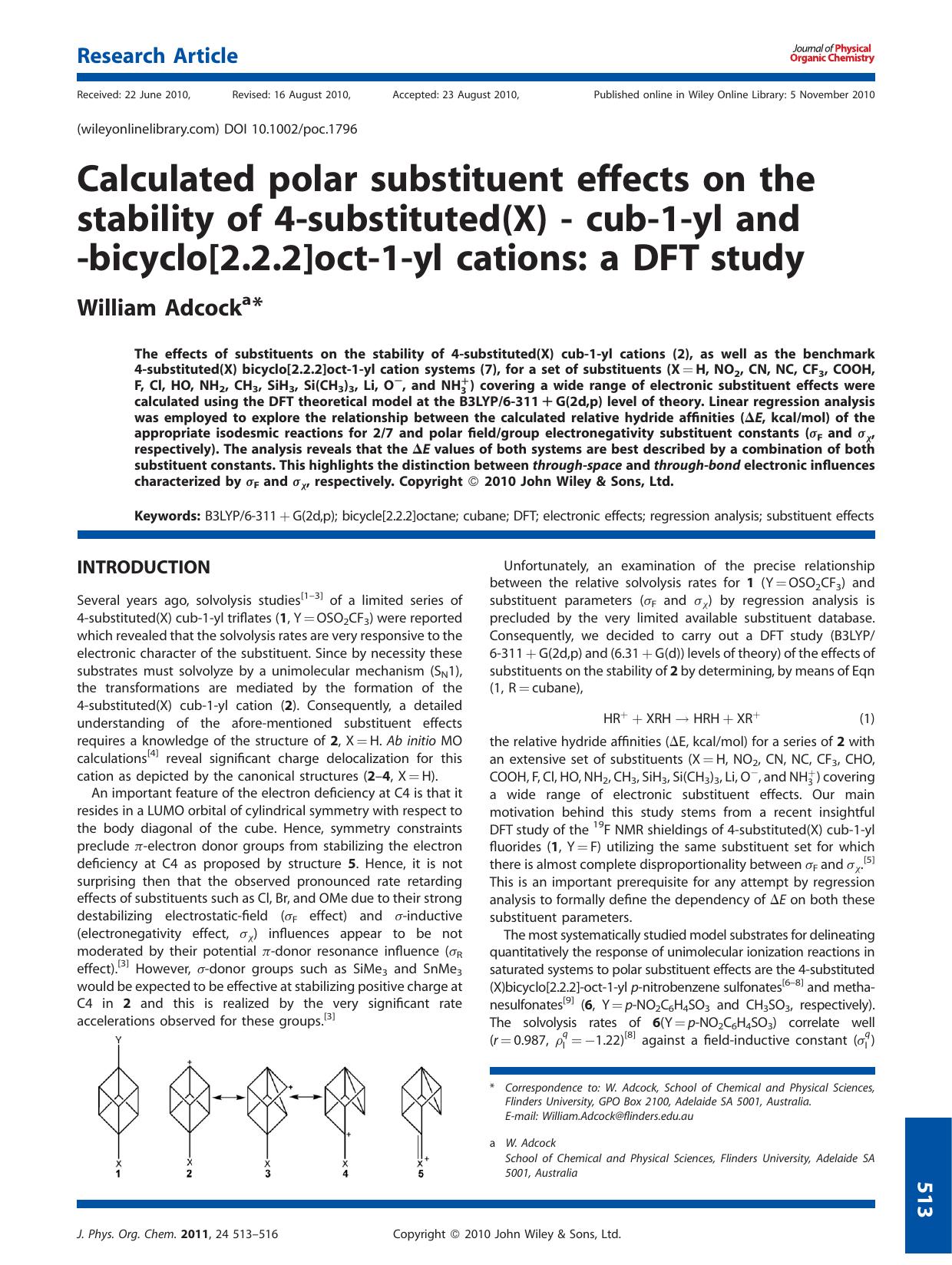 Calculated polar substituent effects on the stability of 4substituted(X) cub1yl and bicyclo[2.2.2]oct1yl cations: a DFT study by Unknown