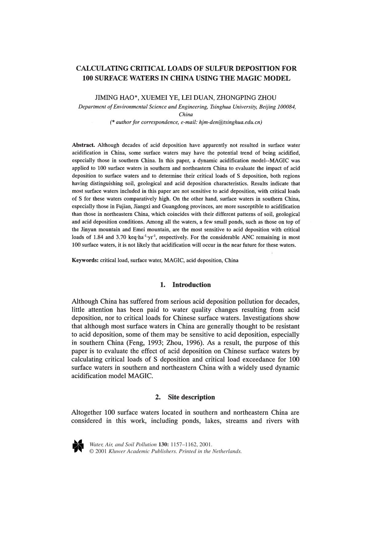 Calculating Critical Loads of Sulfur Deposition for 100 Surface Waters in China Using the Magic Model by Unknown