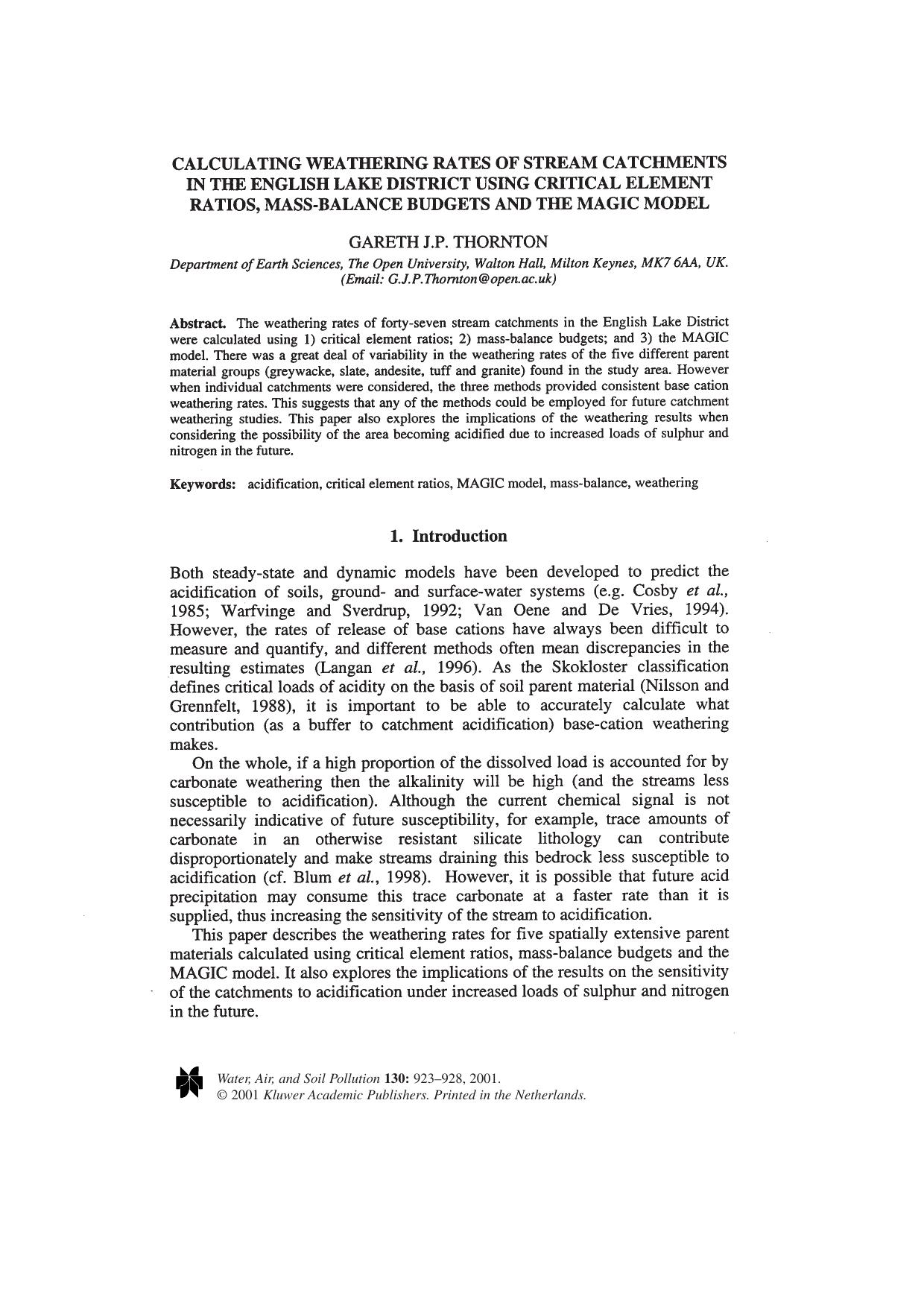 Calculating Weathering Rates of Stream Catchments in the English Lake District Using Critical Element Ratios, Mass-Balance Budgets and the Magic Model by Unknown