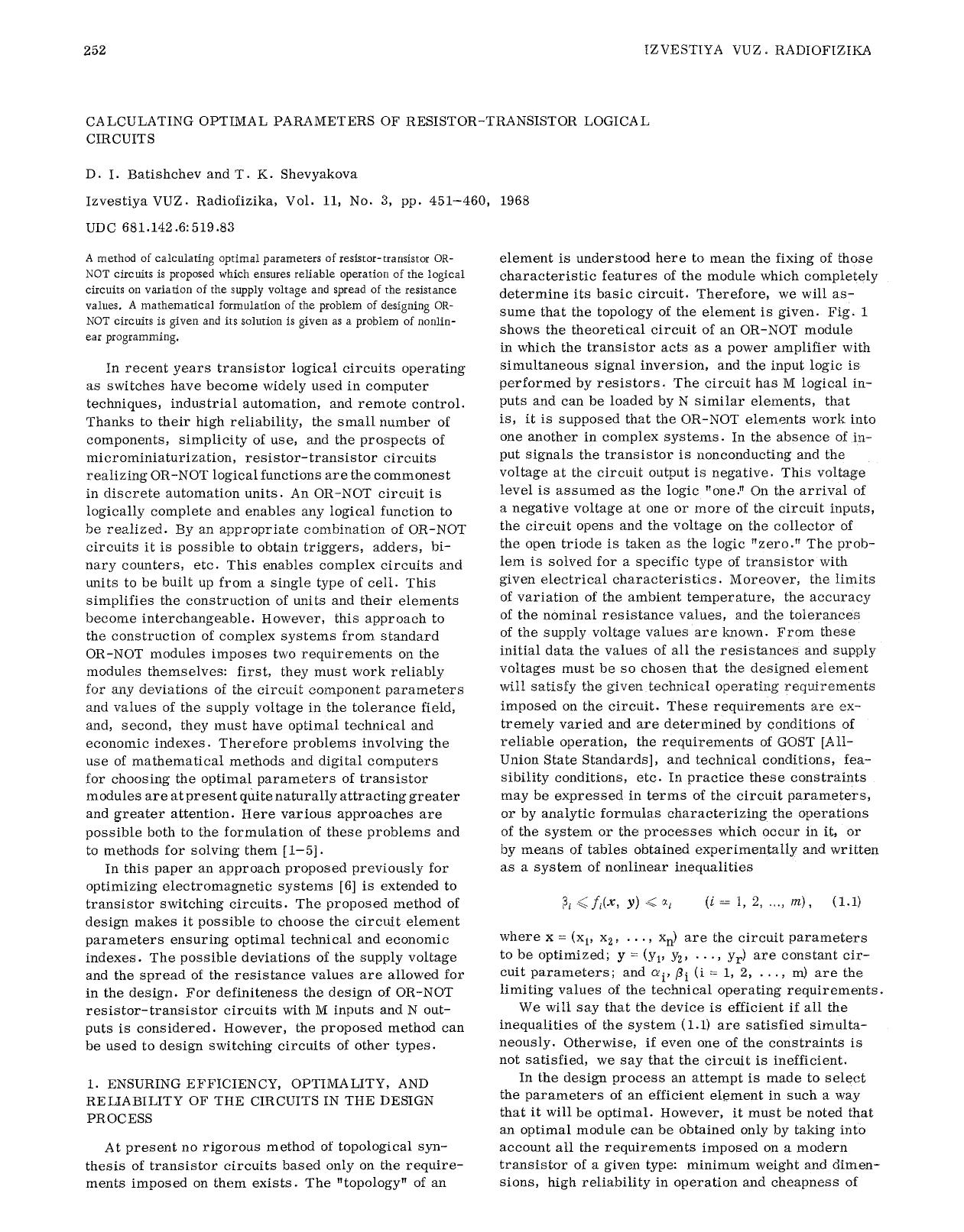 Calculating optimal parameters of resistor-transistor logical circuits by Unknown