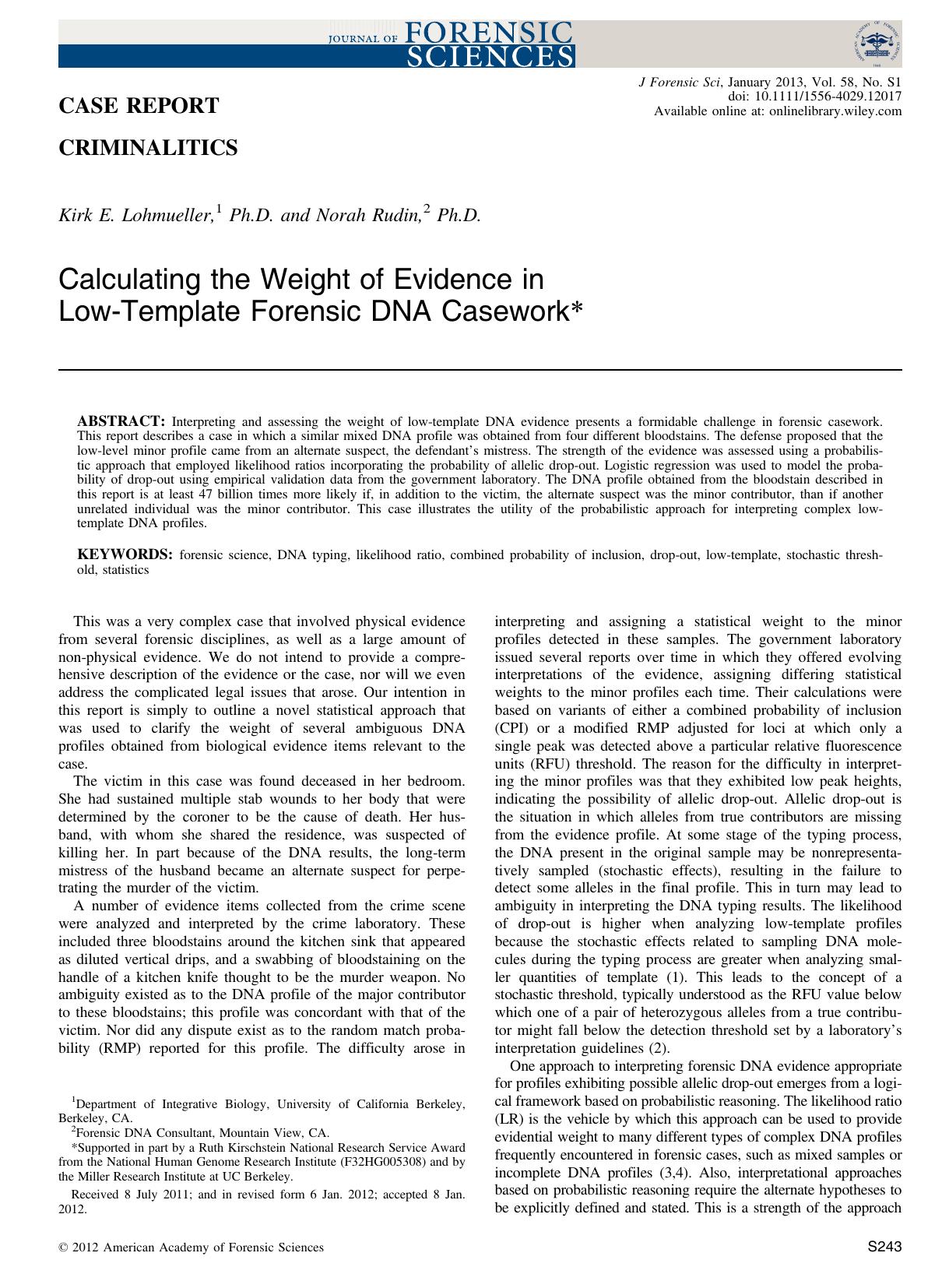 Calculating the Weight of Evidence in LowTemplate Forensic DNA Casework by Unknown
