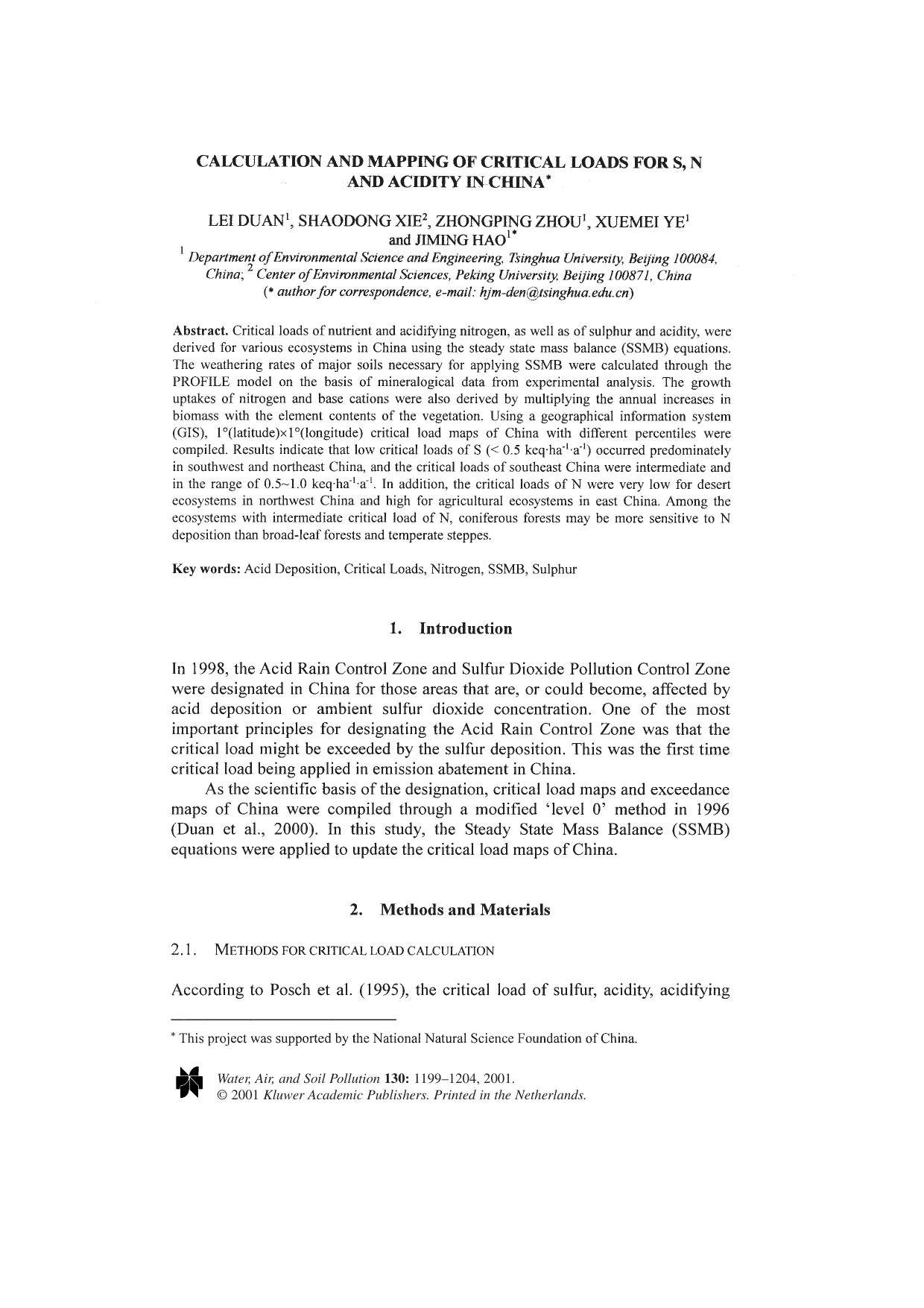 Calculation and Mapping of Critical Loads for S, N and Acidity in China by Unknown