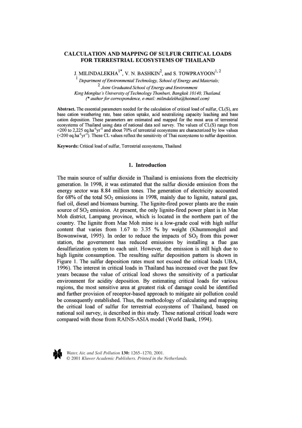 Calculation and Mapping of Sulfur Critical Loads for Terrestrial Ecosystems of Thailand by Unknown