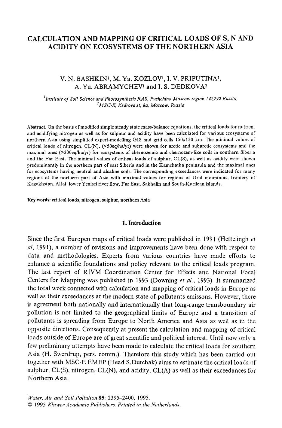 Calculation and mapping of critical loads of s, n and acidity on ecosystems of the Northern Asia by Unknown
