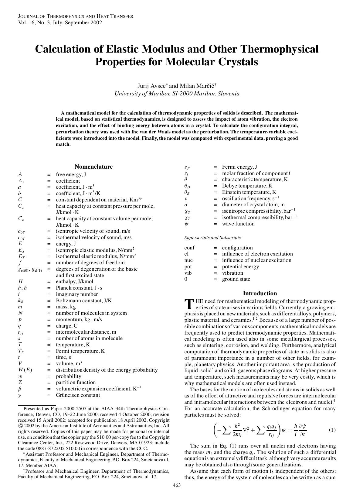 Calculation of Elastic Modulus and Other Thermophysical Properties for Molecular Crystals by Unknown