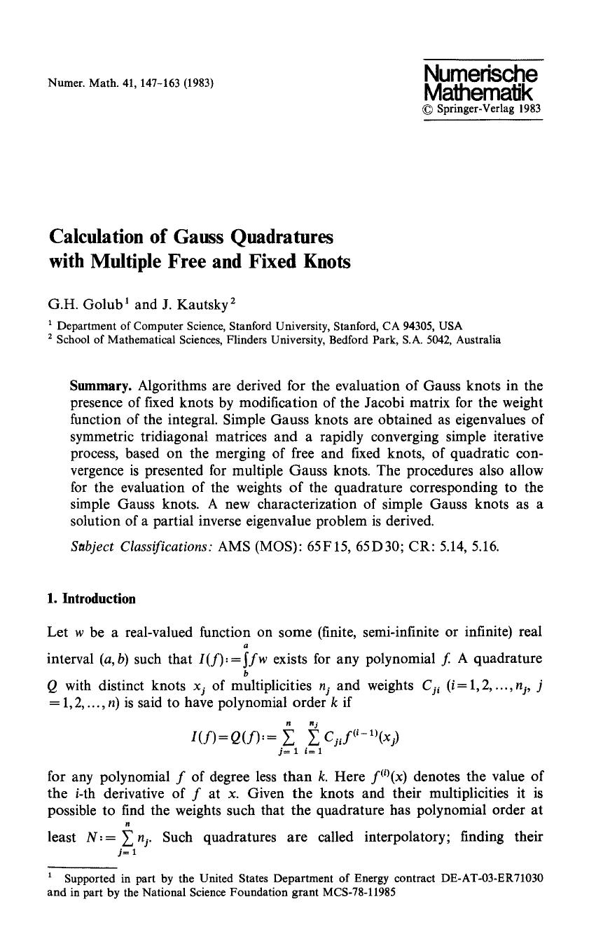 Calculation of Gauss quadratures with multiple free and fixed knots by Unknown