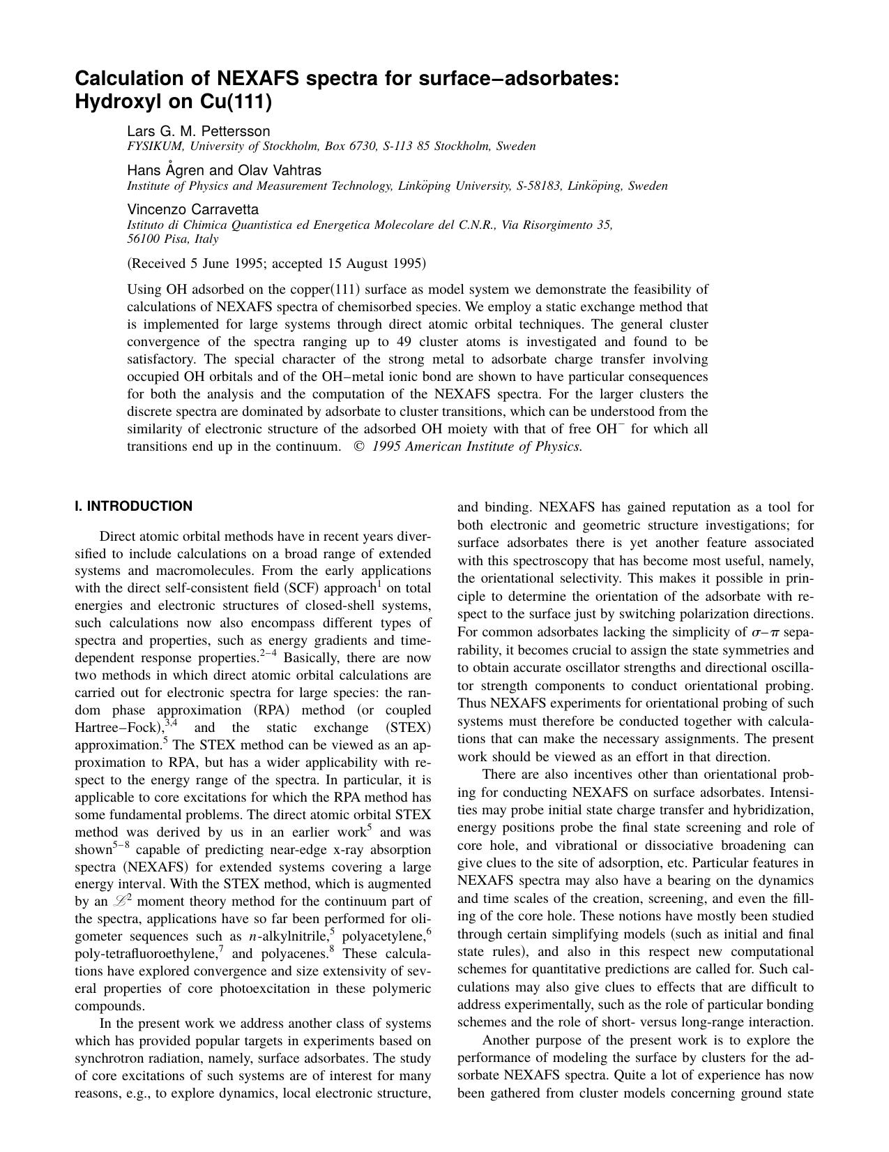 Calculation of NEXAFS spectra for surface-adsorbates: Hydroxyl on Cu[111] by Lars G. M. Pettersson & Hans Agren and Olav Vahtras & Vincenzo Carravetta