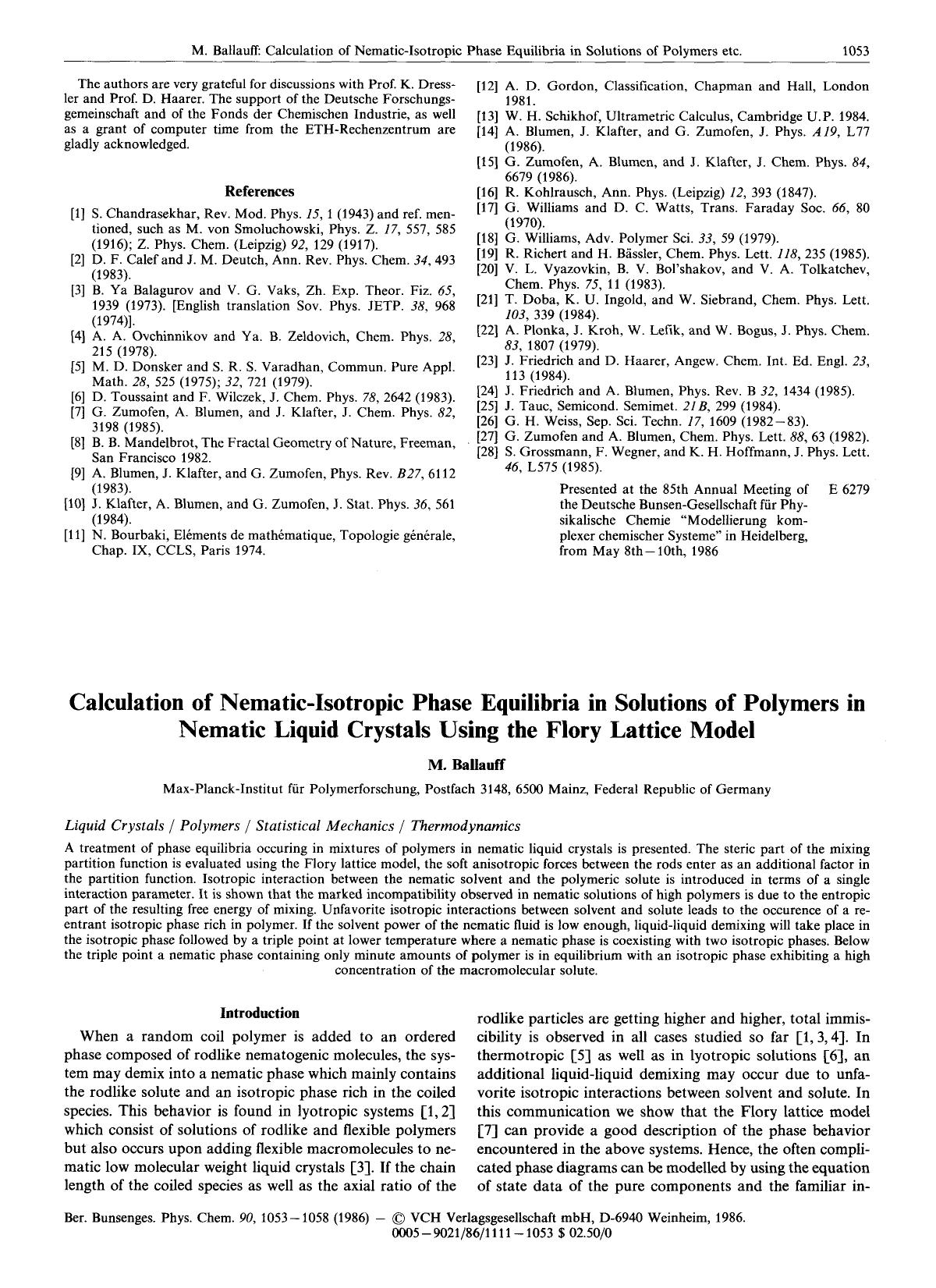 Calculation of Nematic-Isotropic Phase Equilibria in Solutions of Polymers in Nematic Liquid Crystals Using the Flory Lattice Model by Unknown
