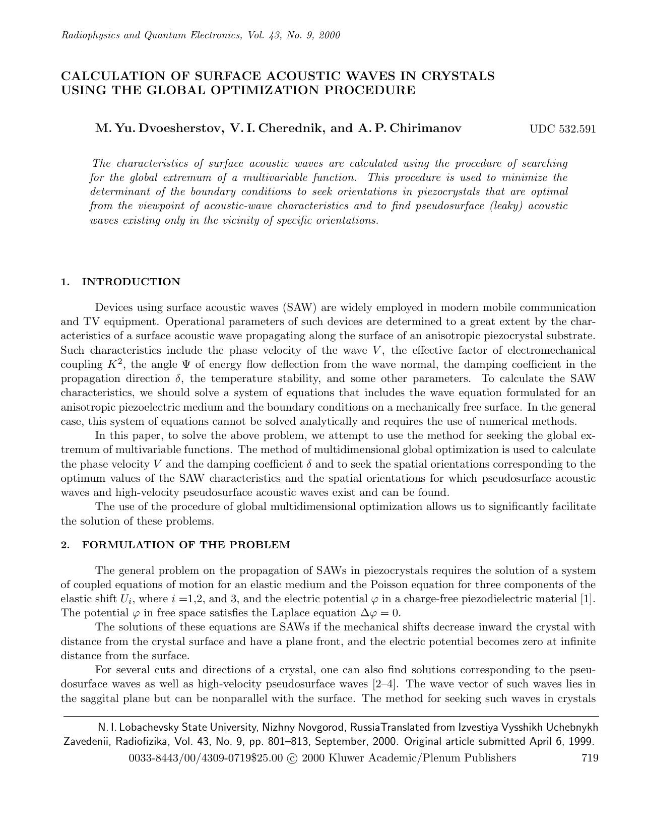 Calculation of Surface Acoustic Waves in Crystals Using the Global Optimization Procedure by Unknown