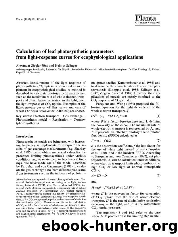Calculation of leaf photosynthetic parameters from light-response curves for ecophysiological applications by Unknown