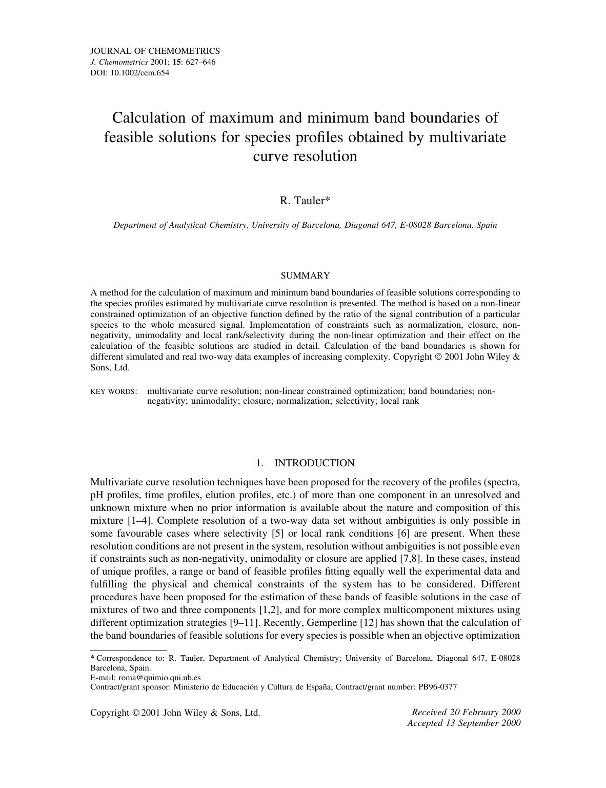 Calculation of maximum and minimum band boundaries of feasible solutions for species profiles obtained by multivariate curve resolution by Unknown