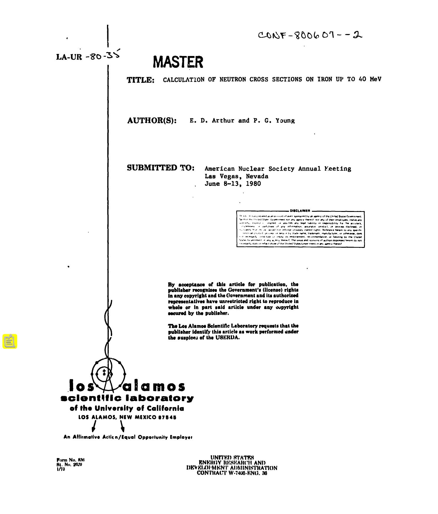 Calculation of neutron cross sections on iron up to 40 MeV None by LANL Research Library LWW Project