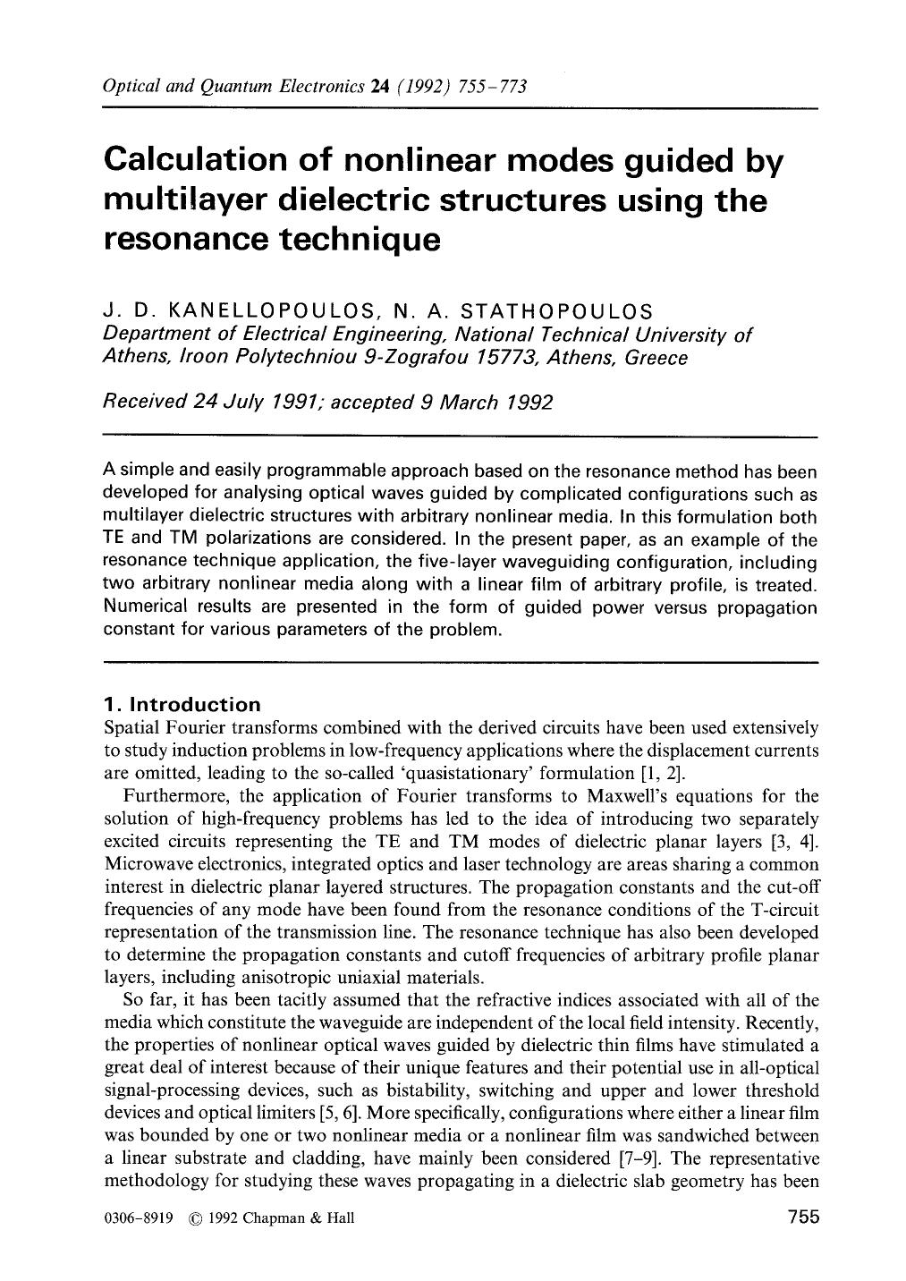 Calculation of nonlinear modes guided by multilayer dielectric structures using the resonance technique by Unknown