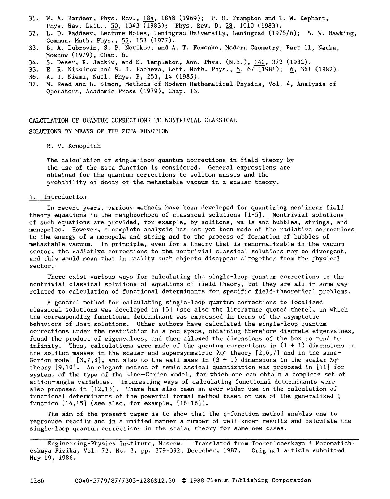 Calculation of quantum corrections to nontrivial classical solutions by means of the zeta function by Unknown